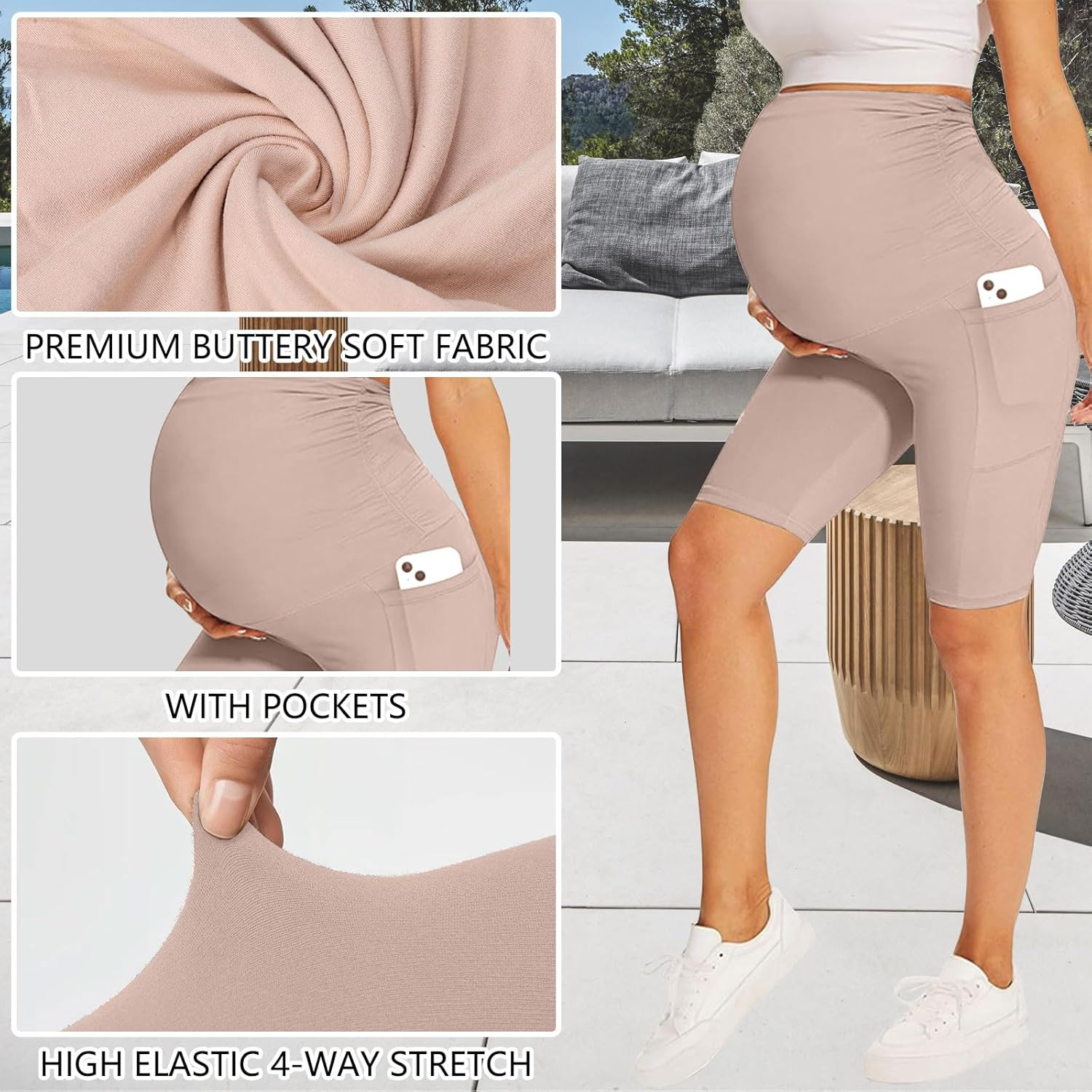 Maternity Shorts for Women over the Belly Pregnancy Biker Shorts Workout Active Running Yoga Shorts with Pockets image number 6