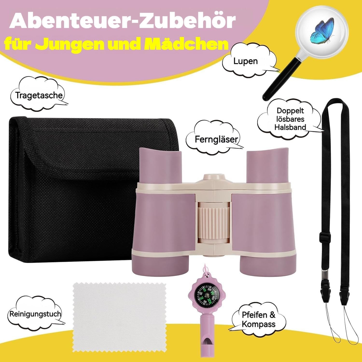 Binoculars for Children, Children'S Binoculars Toy for 3 4 5 6 7 8 Years Boys and Girls Set with Magnifying Glass & Compass - Birthday Gifts Outdoor Toy for Children Aged 3-8 Years (Pink) image number 1