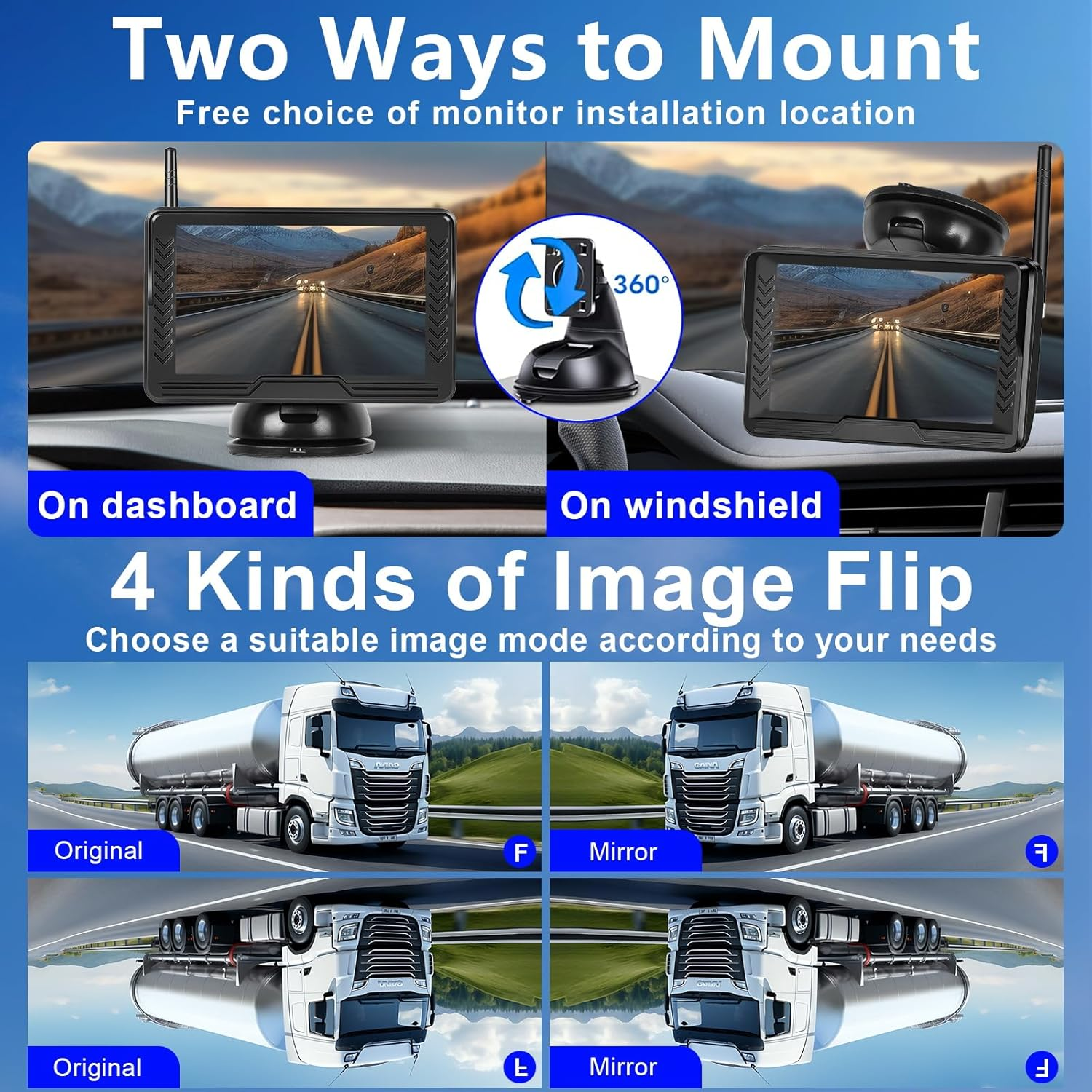 Wireless Reversing Camera System with 5 Inch Split Screen, IP69K Waterproof Backup Camera with Night Vision, Support Add 2Nd Wireless Rear View Camera for Trailer, RV, Trucks, Farm Vehicle image number 6