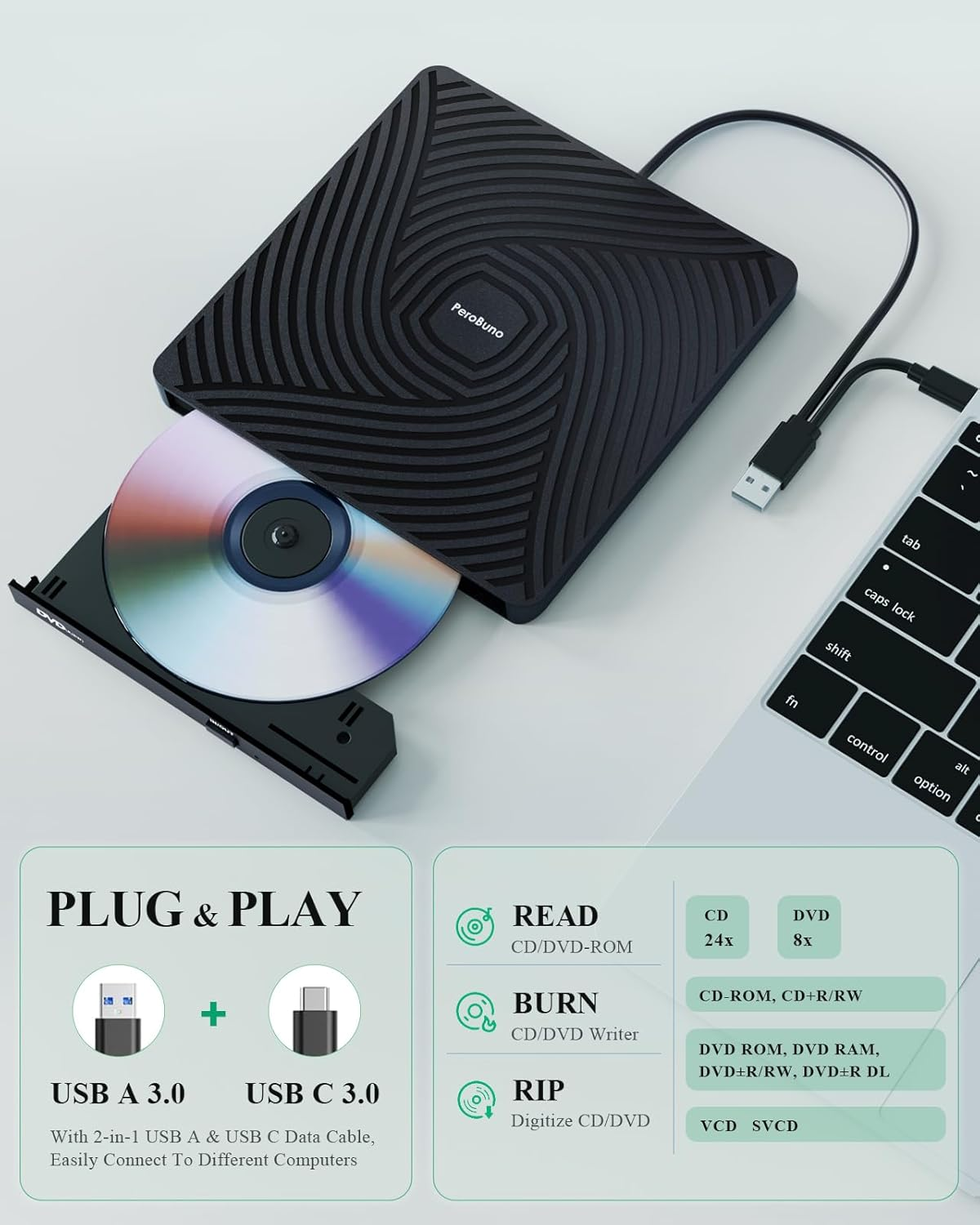 Perobuno External CD DVD Drive, USB 3.0 Type-C Optical Drive, 0.5-Inch Ultra-Slim Portable DVD CD ROM Disc Player Reader Writer Rewriter Burner Recorder for Laptop PC Macbook Windows Linux Mac OS image number 6