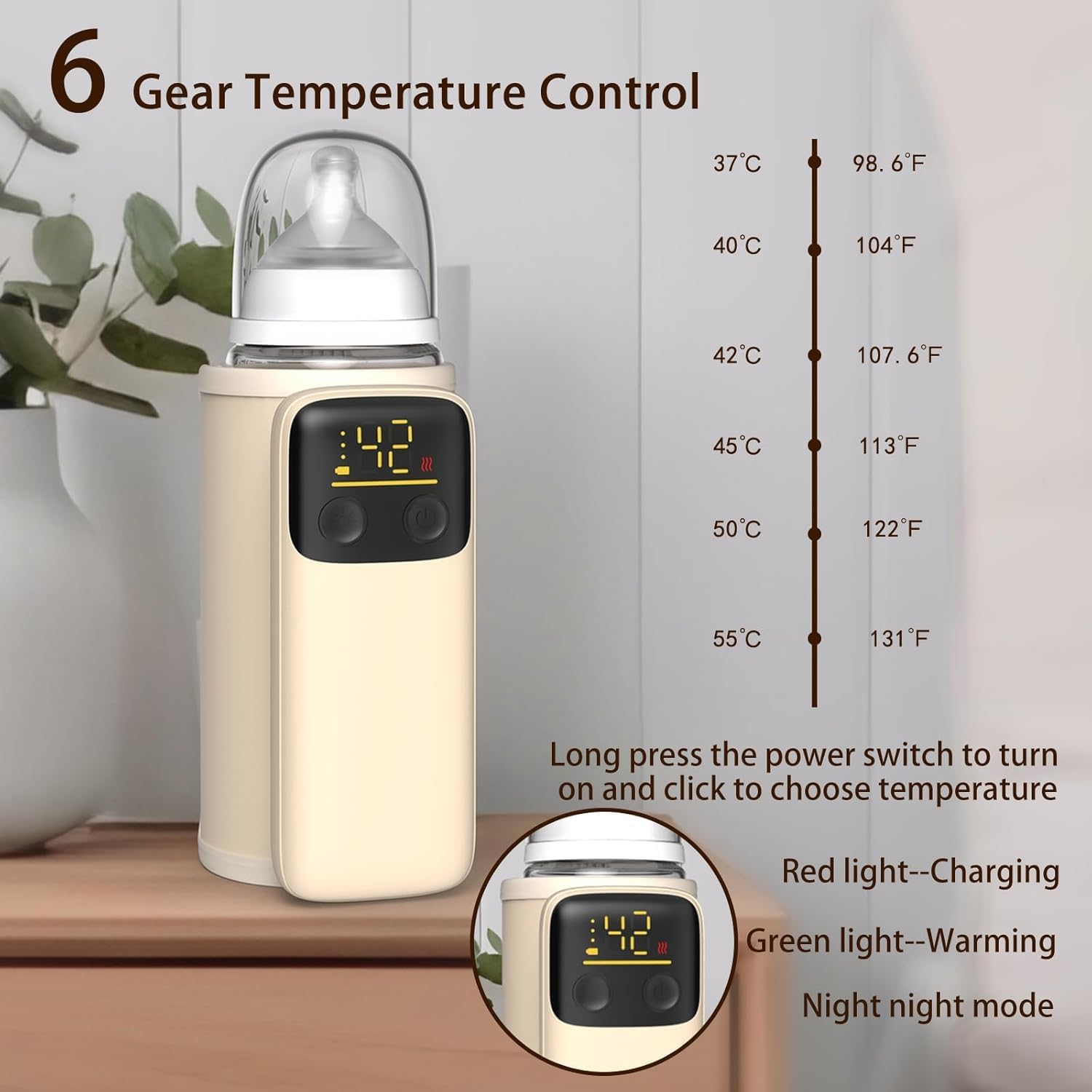 Upgrade Portable Bottle Warmer for Travel, Smart Precise Temperature Control & LCD Night Light Display, Comfortable Baby Feeding on the Go, Feeding While Charging, Fast-Charging,Warming for 4-7 Hours image number 5