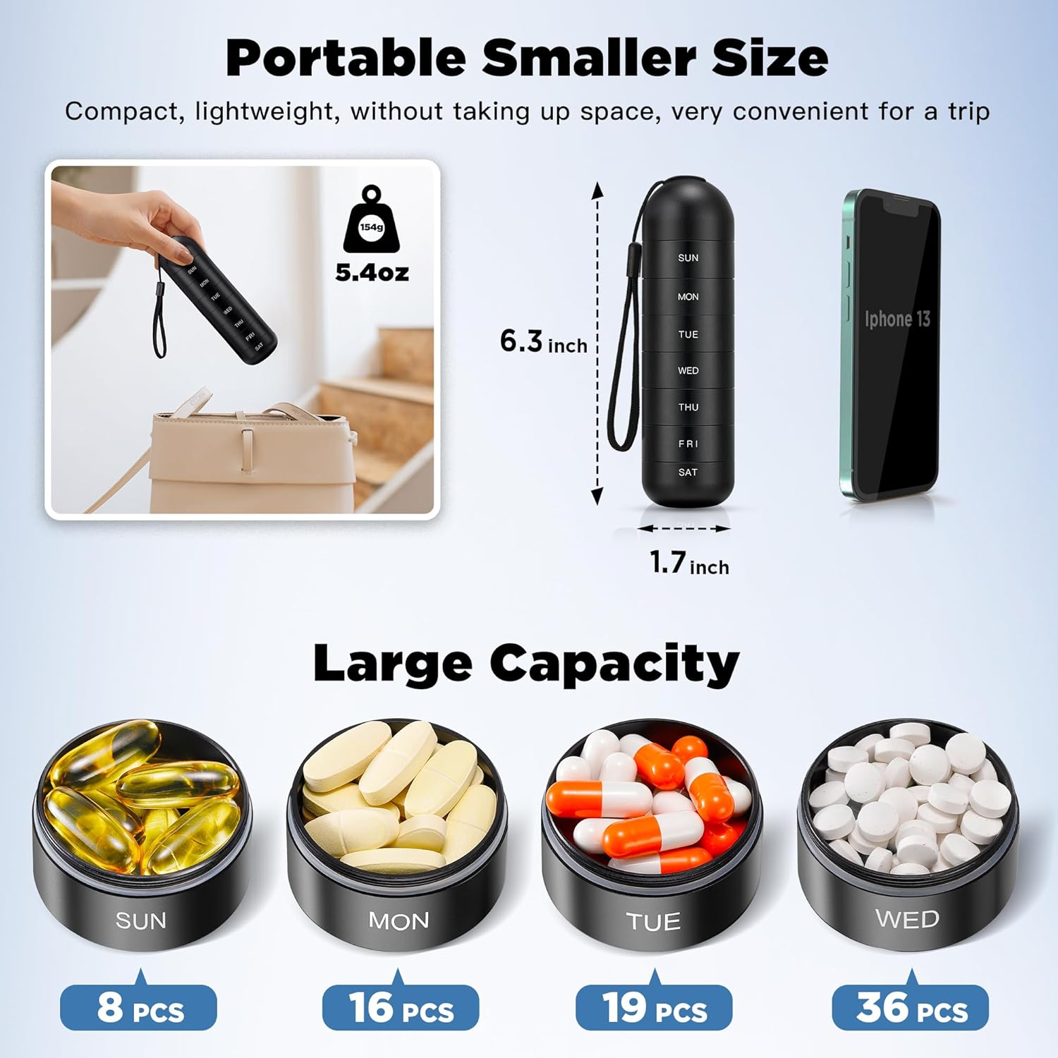 Zannaki 2019 Improved Moisture Proof Weekly Pill Organizer, Aluminum Alloy BPA Free Travel Camping 7 Day Pill Box Case Waterproof and Portable to Hold Vitamins, Fish Oil, Supplements and Medication image number 3