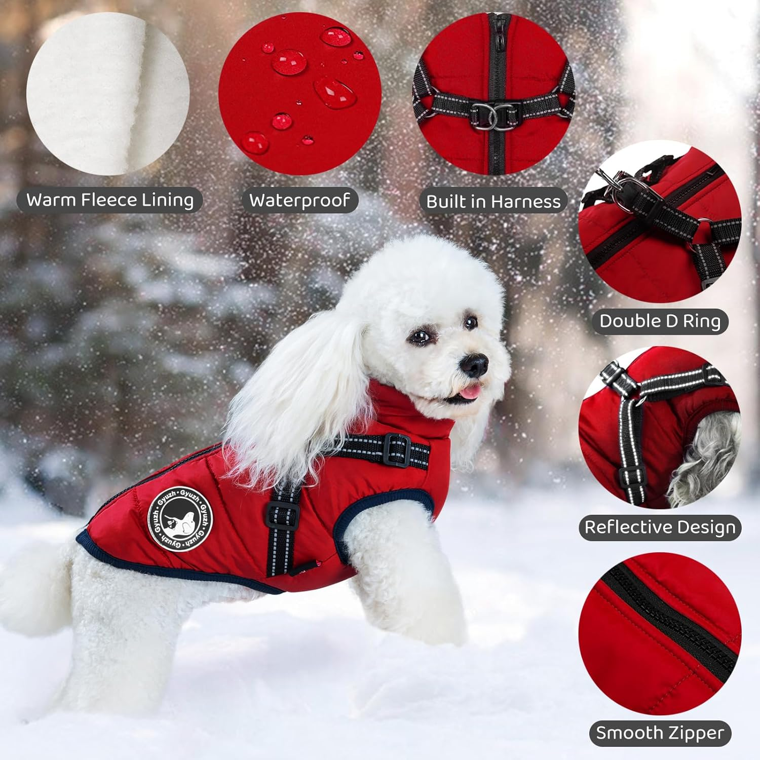 Jinpet Dog Coat with Harness Winter Dog Coat Fleece Dog Jacket Waterproof Dog Coat Zipper Dog Jacket Puppy Coat Small Dog Clothes Dog Coat with Reflective Harness for Smal Medium Large Dogs S-4XL image number 5