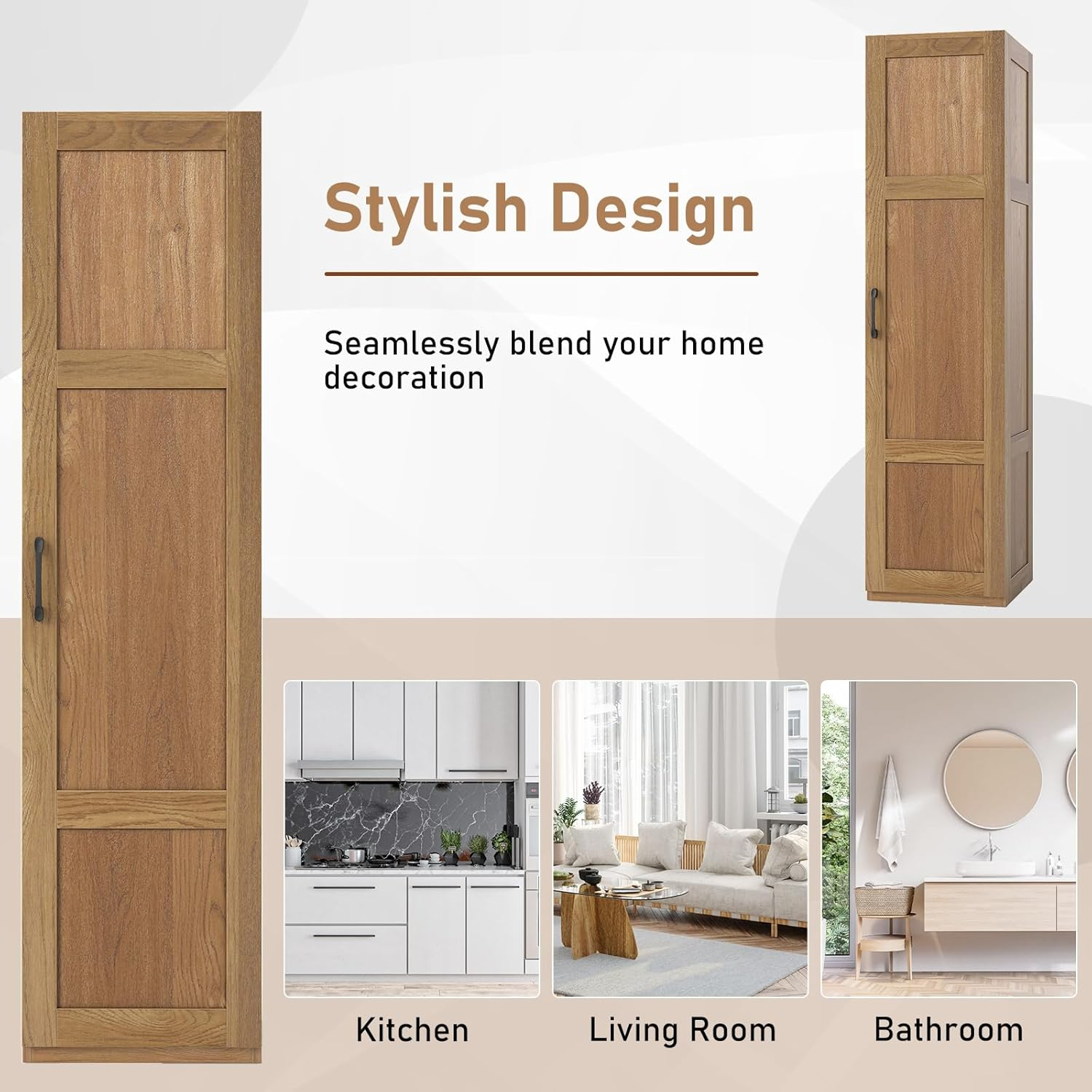 Giantex 150 Cm Tall Storage Cabinet, 4-Tier Freestanding Floor Cabinet with Door, Narrow Pantry Organizer for Dining Room, Kitchen, Utility Room, Living Room and Bathroom (Natural) image number 6