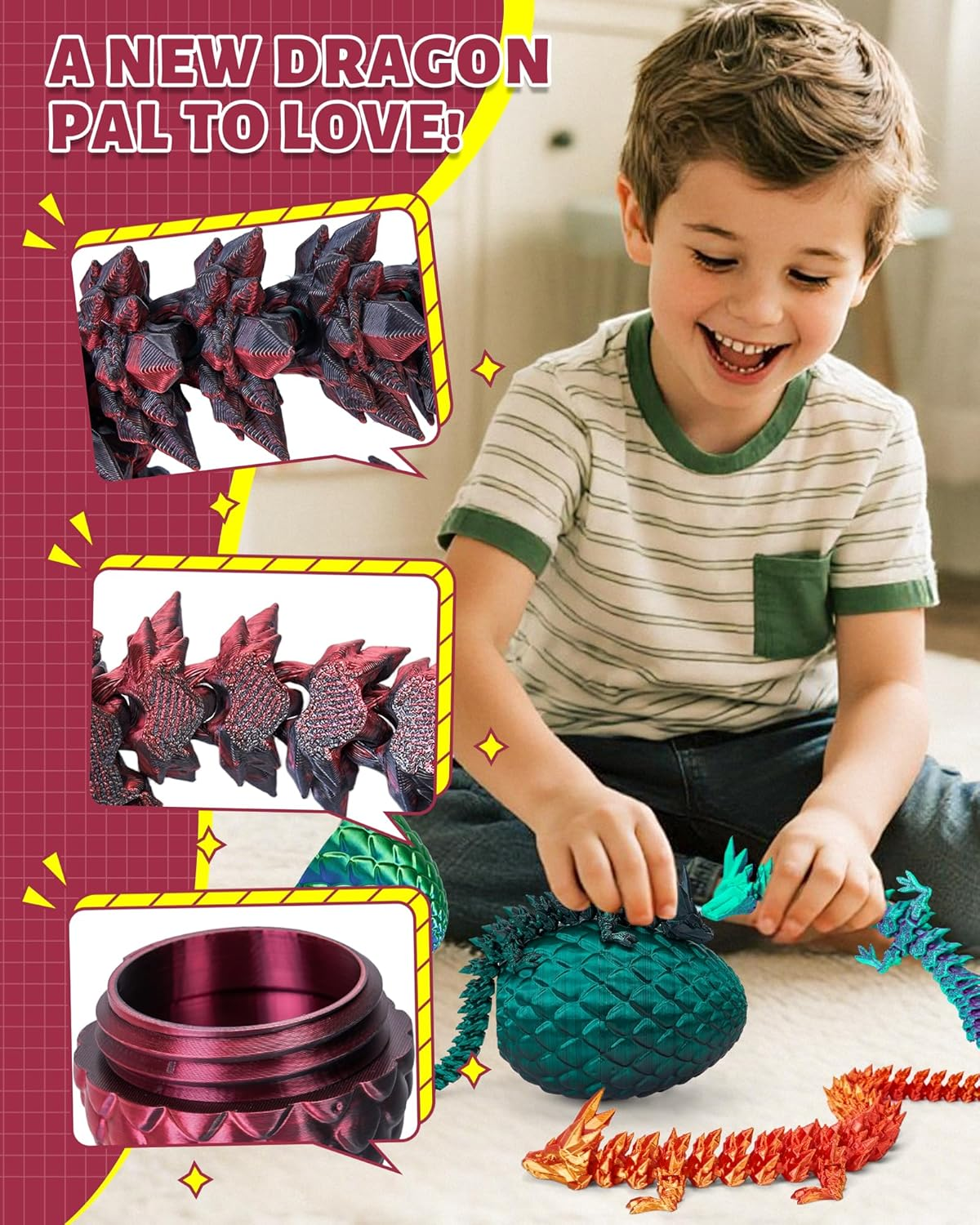 3D Printed Dragon Egg with Articulated Dragon inside - Adult Fidget Toys for Autism ADHD (Black Red) - 4Pcs-B image number 3