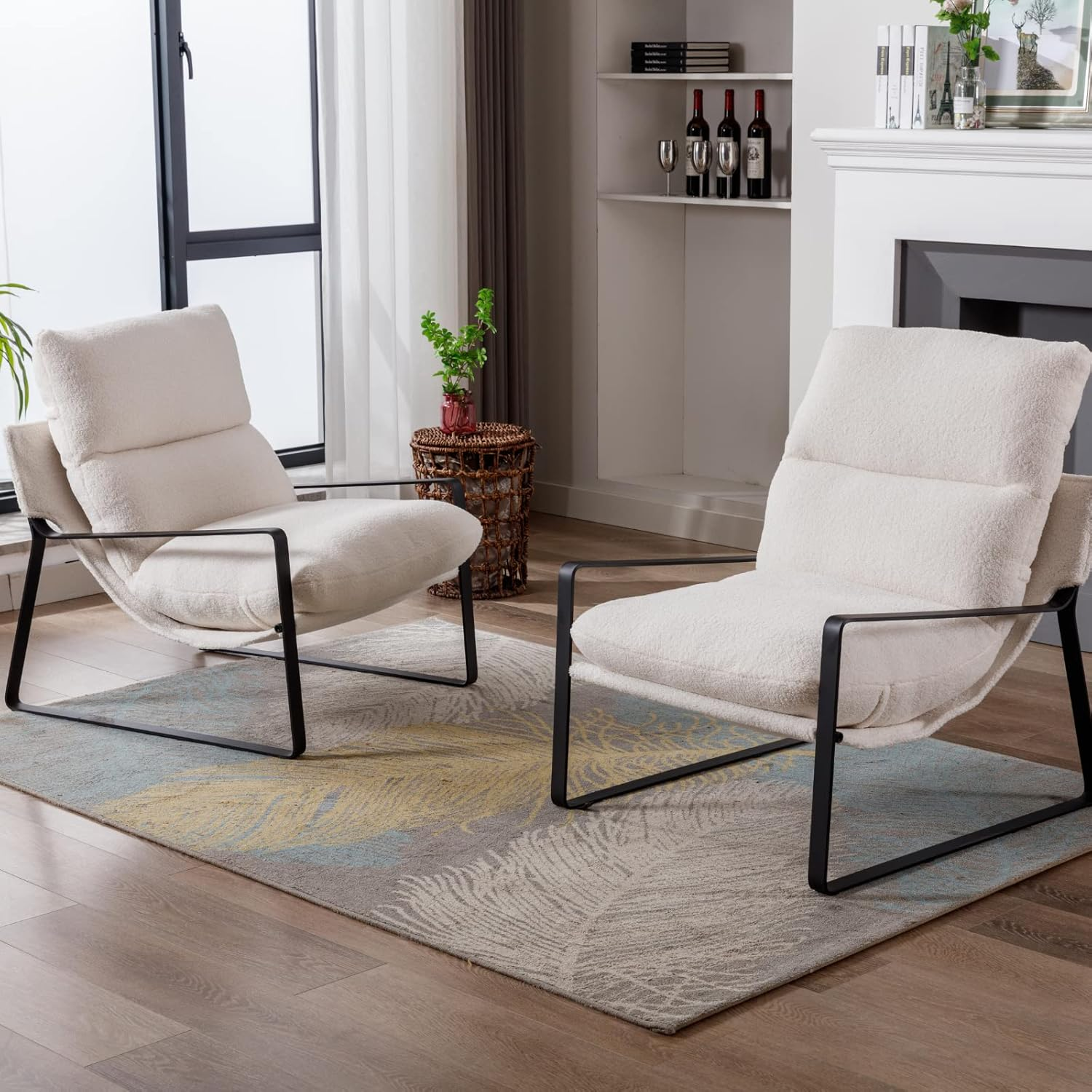 Mid-Century Sling Accent Chair: Comfy PU Leather Side Chair with Armrest - Upholstered Leisure Chair with Black Metal Frame - Living Room Bedroom Reception Room - White image number 1