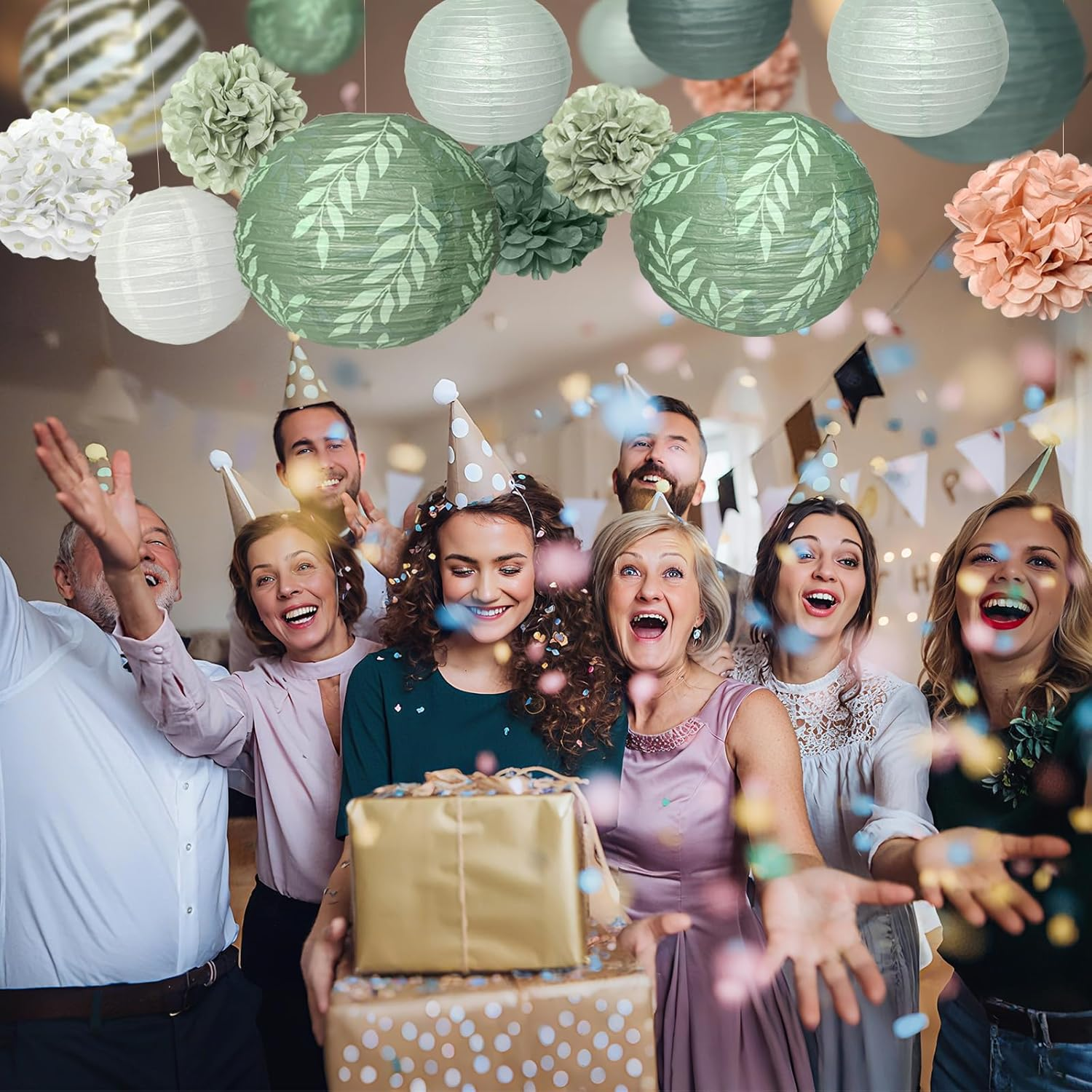 Pack of 12 Paper Lanterns Set Party Decoration in Green, Pink, Gold & White round Paper Lanterns Pompoms for Bride, Lampshade, Birthday Party, Engagement, Wedding, Party image number 5