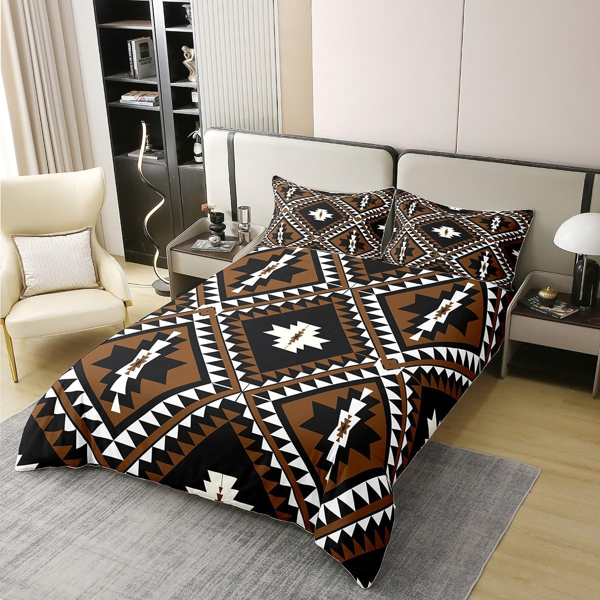 100% Cotton Rustic Western Bed Linen Set, Bohemian Southwestern Aztec Comforter Duvet Cover, Ethnic Mexican Style, Geometric Diamond Quilt Cover, Brown, Black, White, Room Decor, 135 X 200 Cm image number 2