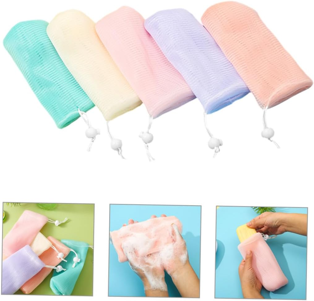 WOONEKY 5Pcs Mesh Soap Bags for Travel Foaming Soap Pouches Drawstring Exfoliating Scrubber Pouches Portable Holder for Handmade image number 4