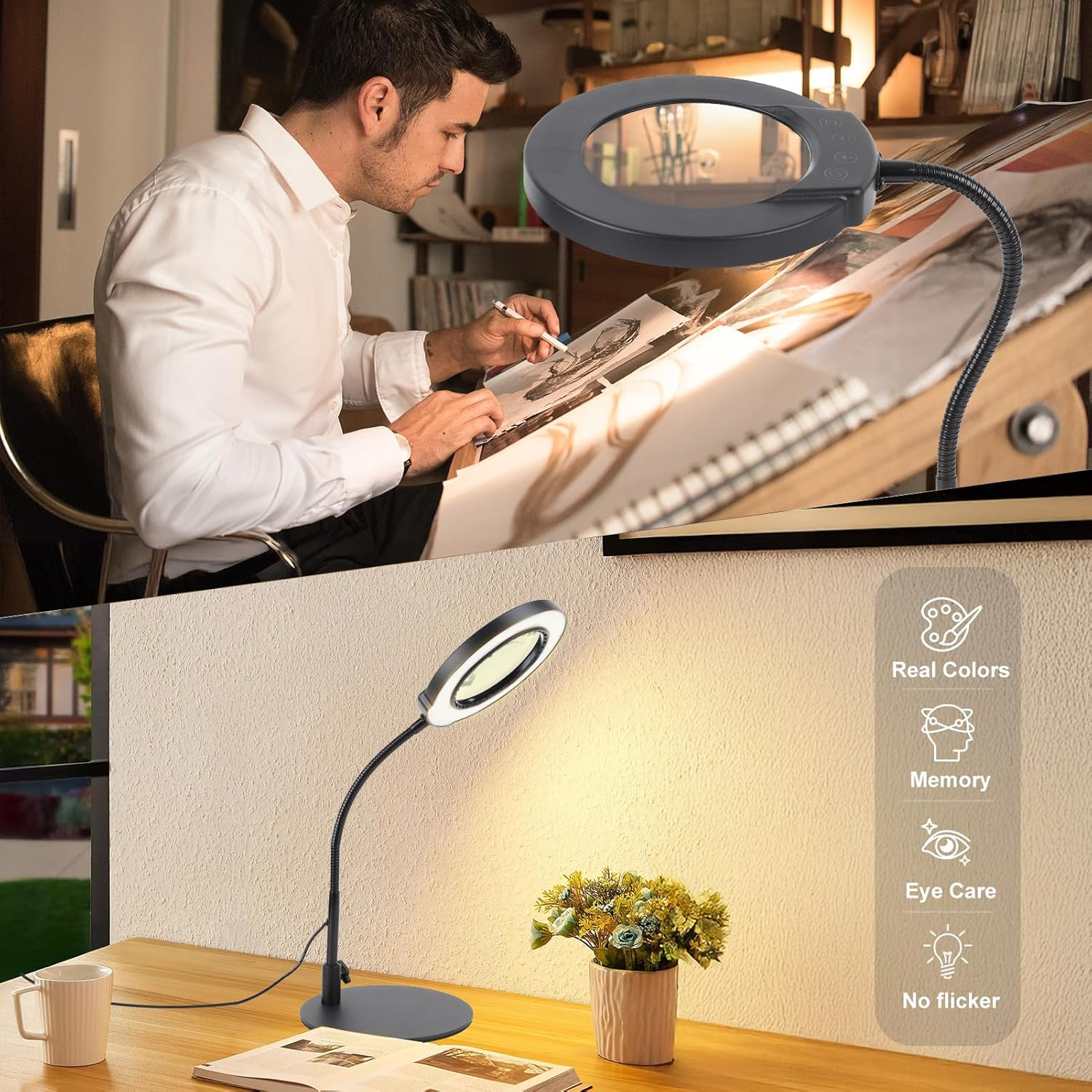 10X Magnifying Glass with Light and Stand, 5 Color Modes Stepless Dimmable LED Lighted Desk Lamp, Flexible Gooseneck Magnifying Desk Lamp for DIY Craft Reading Painting Sewing Work Round image number 2