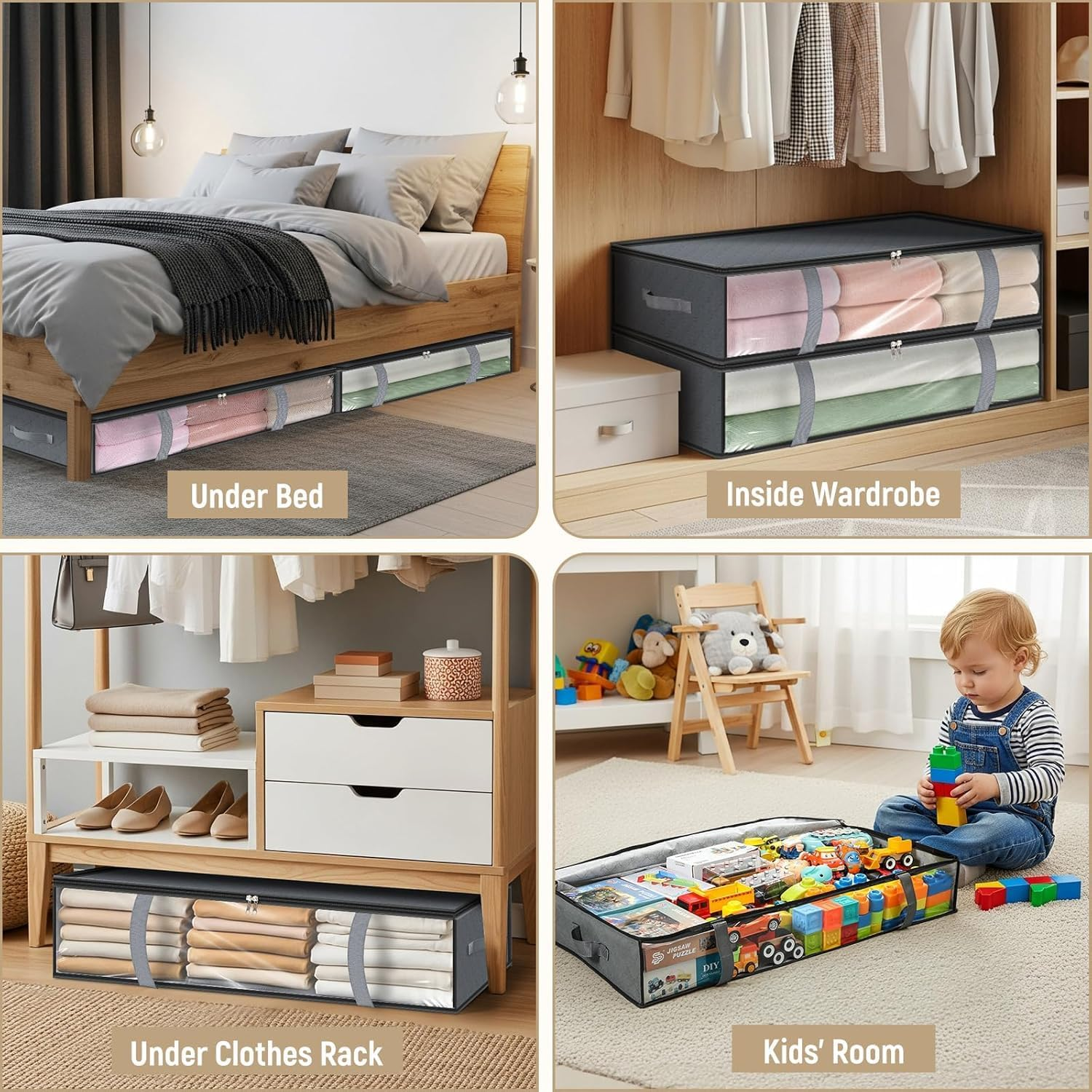 2Pcs Underbed Storage Bags,Foldable Large Underbed Storage Organiser Containers, Window Fabric Clothes Storage Boxs with Zips and Reinforced Handle for Blanket，Comforter/Bedding/Quilts image number 3