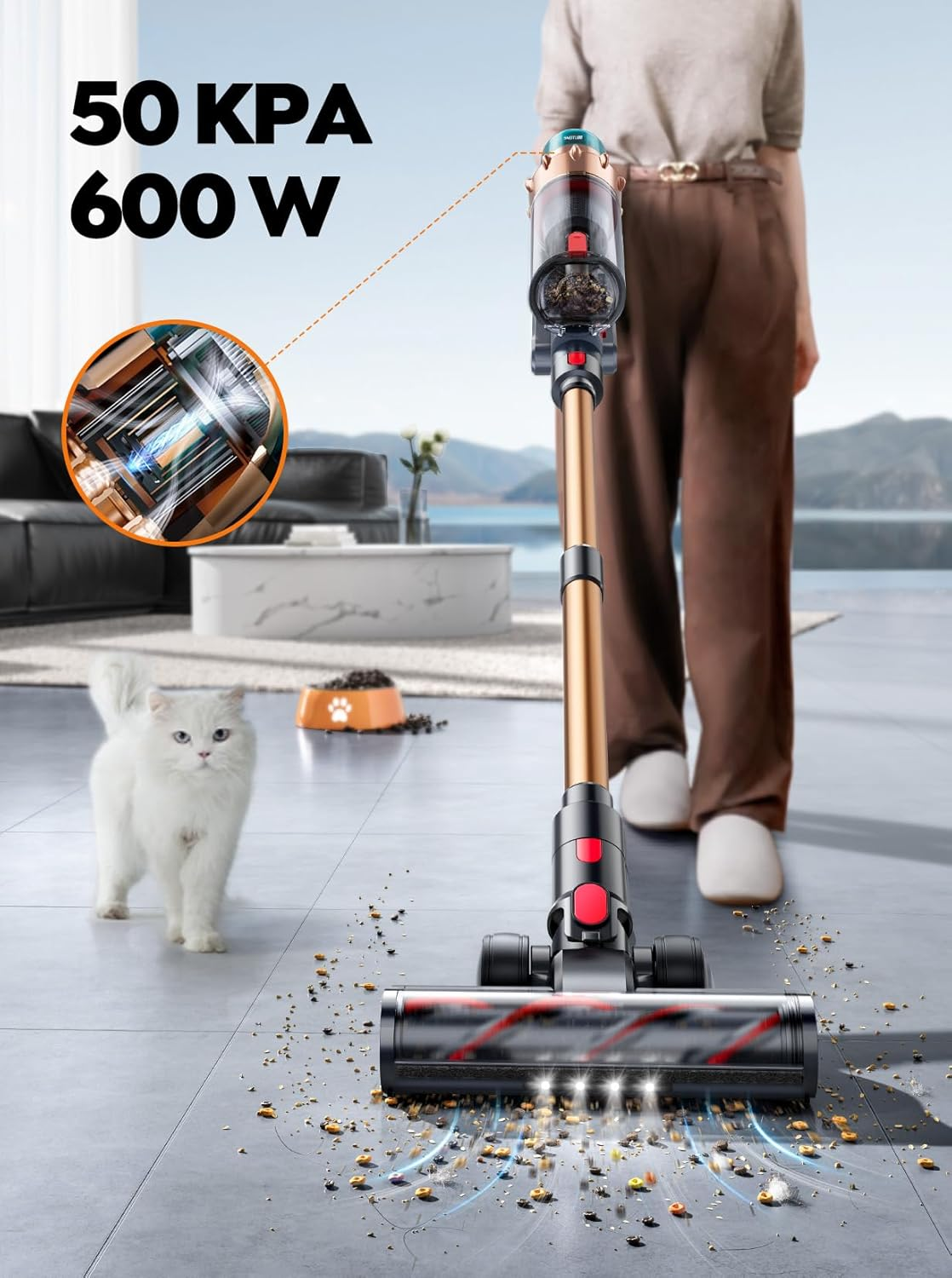 SMOTURE 50KPA 600W Cordless Vacuum Cleaner, 65Mins Runtime, Self-Standing Stick Vacuum with Aroma Function, Auto Mode, Wall Mount Charging, Touchscreen, Anti-Tangle Vacuum for Pet Hair/Floor/Carpet image number 3