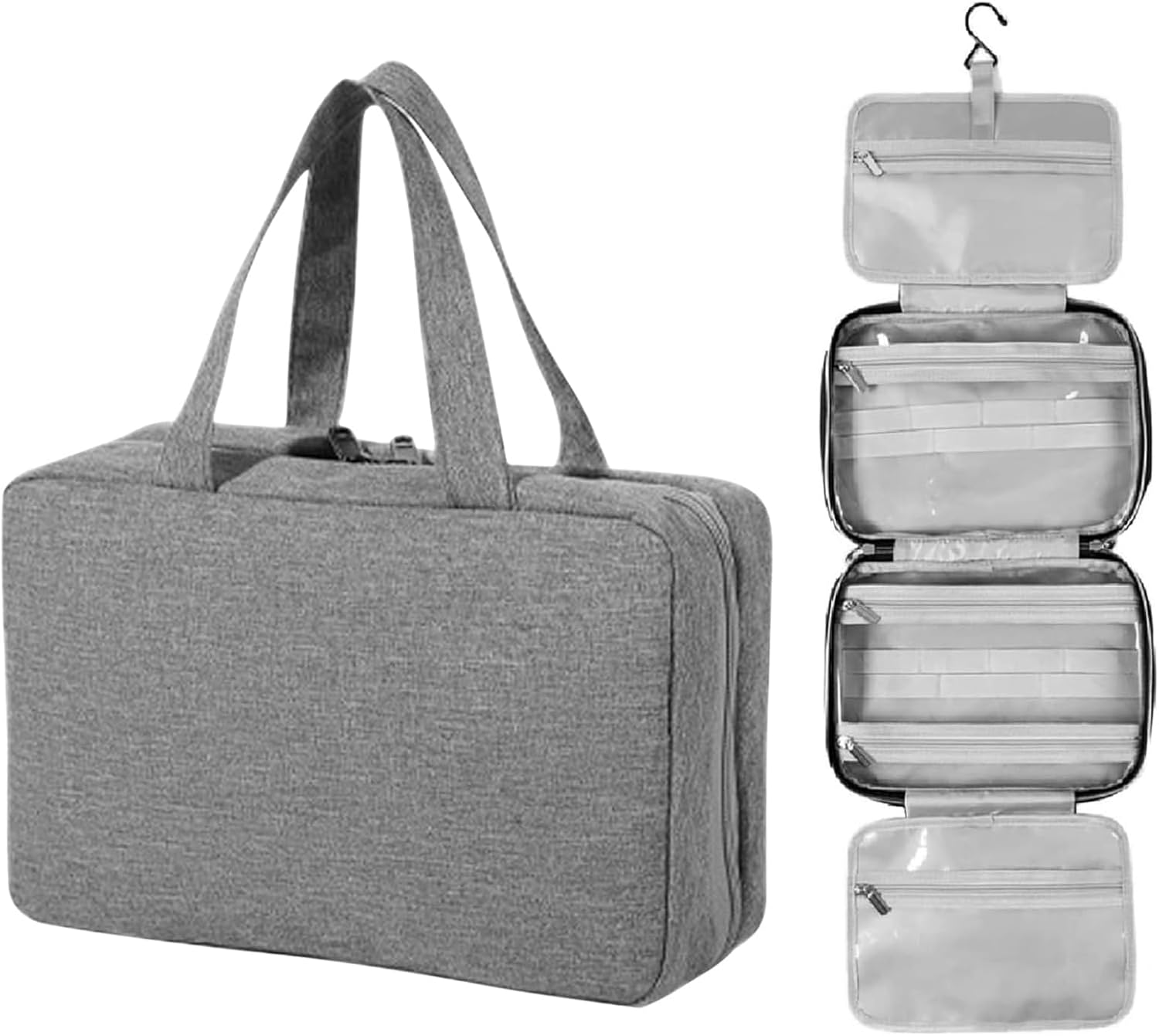 Hanging Travel Toiletry Bag for Women & Men, 4-Fold Waterproof Travel Makeup Bag with PVC Compartments, Large Capacity Cosmetic Wash Bag for Vacation Business Travel (Grey) image number 2