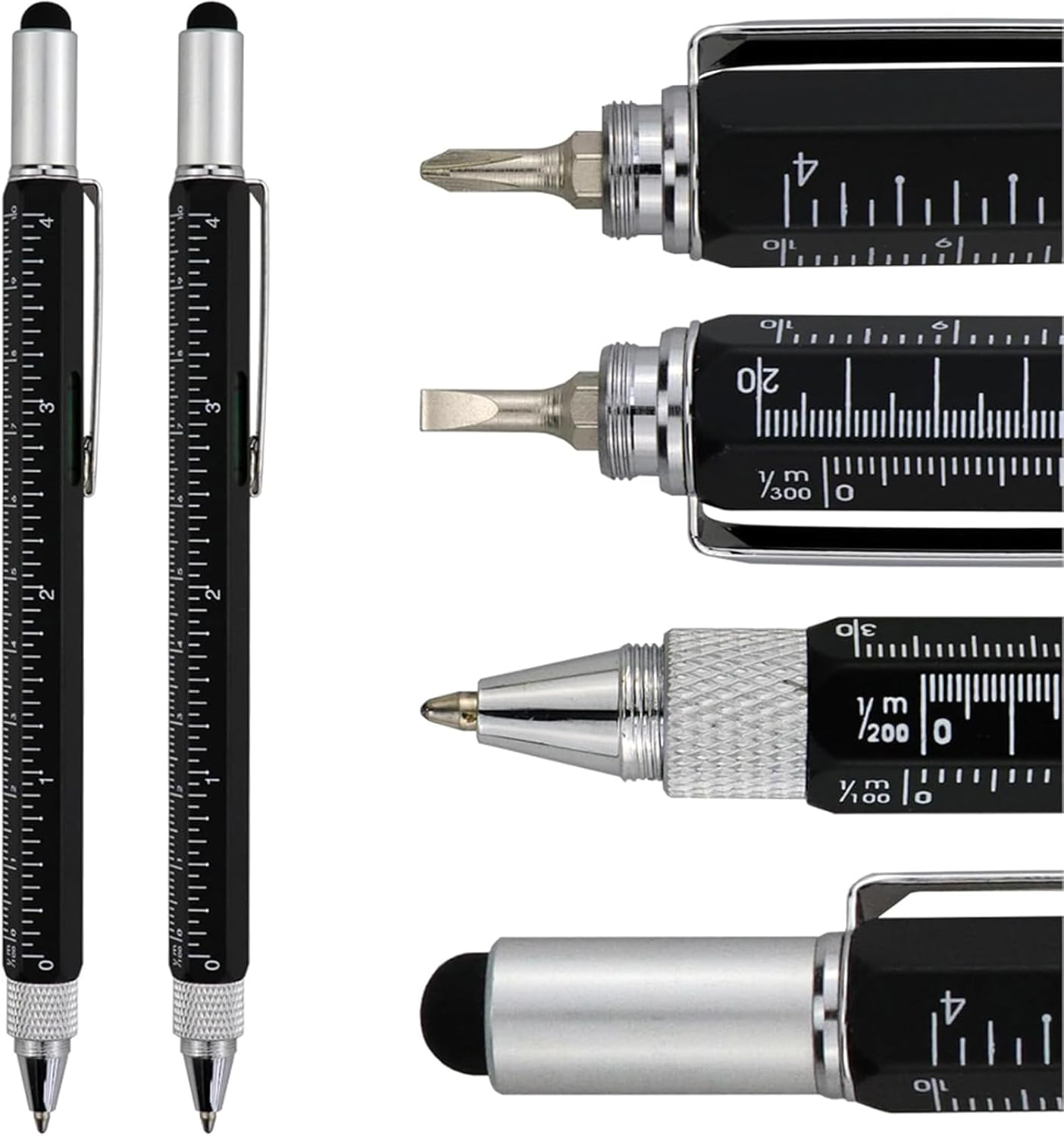 2Pcs 6-In-1 Multifunctional Tech Pen Gadgets Tool, Men'S Cool Small Tool, Touch Screen Stylus, Ruler, Level, Screwdriver Set, Ballpoint Pen for Men Husband Engineer Teacher Friend (BK) image number 5