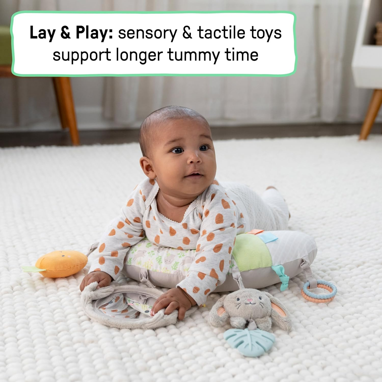 Ingenuity Cozy Prop Sylvi Tummy Time Pillow​, Multi-Sensory, 4 Removable Toys, 0+M - Plush Bunny