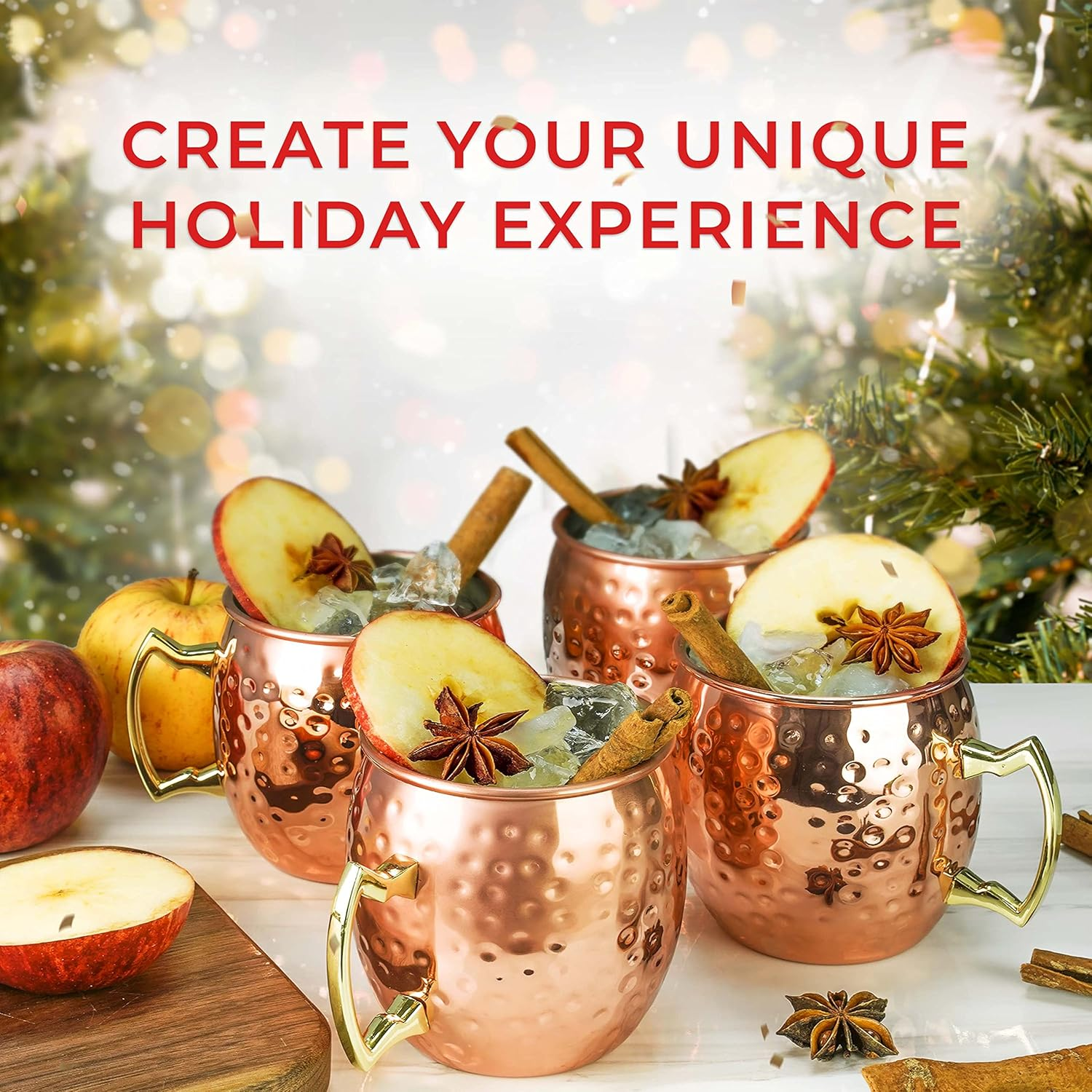 PG Copper Moscow Mule Mugs | Large Size 19.5 Ounces | Set of 4 Hammered Cups | Stainless Steel Lining | Pure Copper Plating | Gold Brass Handles | 2.8 Inches Diameter X 3 Inches Tall