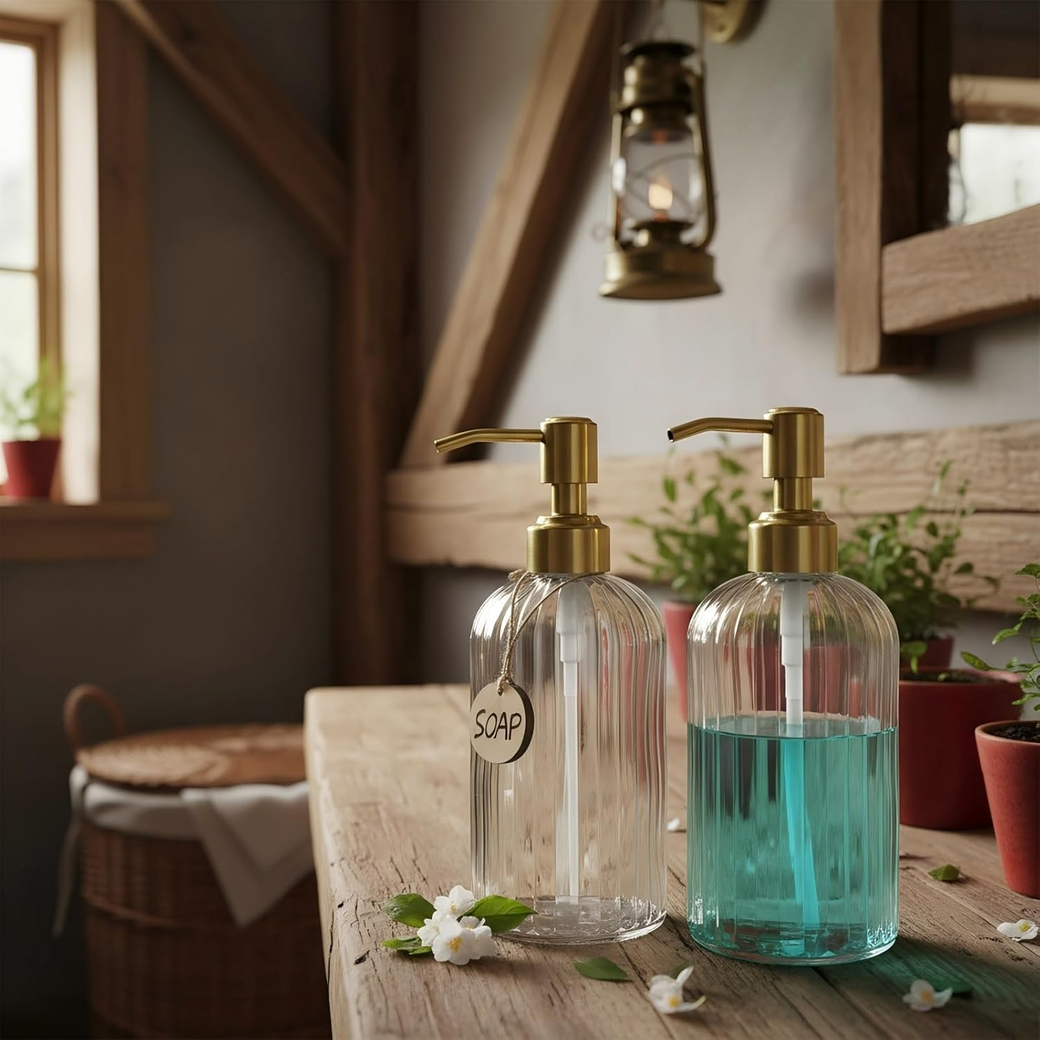 JASAI 2PACK 18Oz Fluted Glass Soap Dispenser with Golden Rust Proof Pump, Refillable Kitchen Soap Dispenser with Vertical Stripe, Bathroom Soap Dispenser for Dispense Hand Soap, Dish Soap, Lotion.