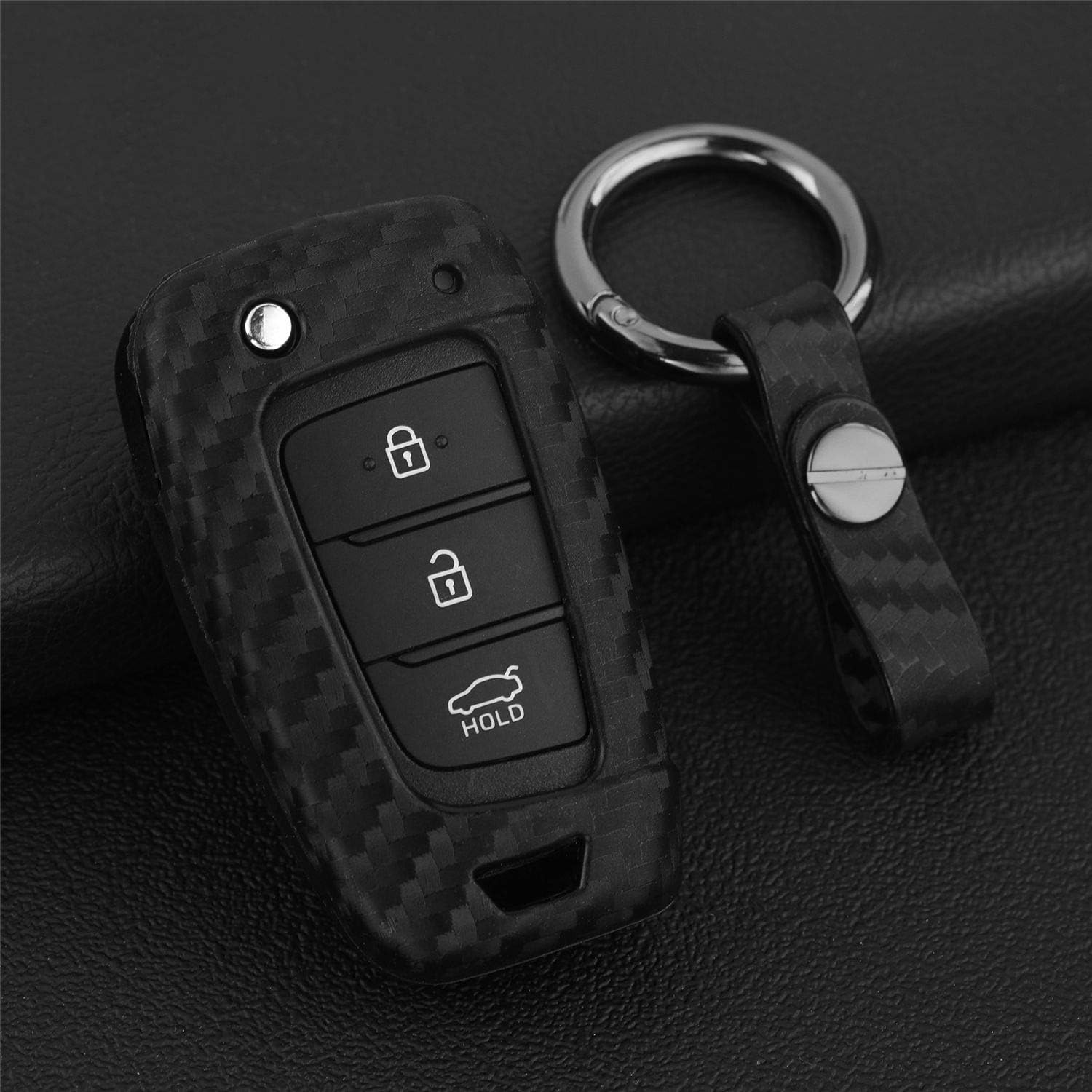M.Jvisun Soft Silicone TPU Car Key Fob Cover for Hyundai Accent Elantra I30 I35 I40 Kona Santa Fe Solaris Tucson Veloster Auto Remote Key Protection Case - Carbon Fiber Pattern - round Keychain image number 5