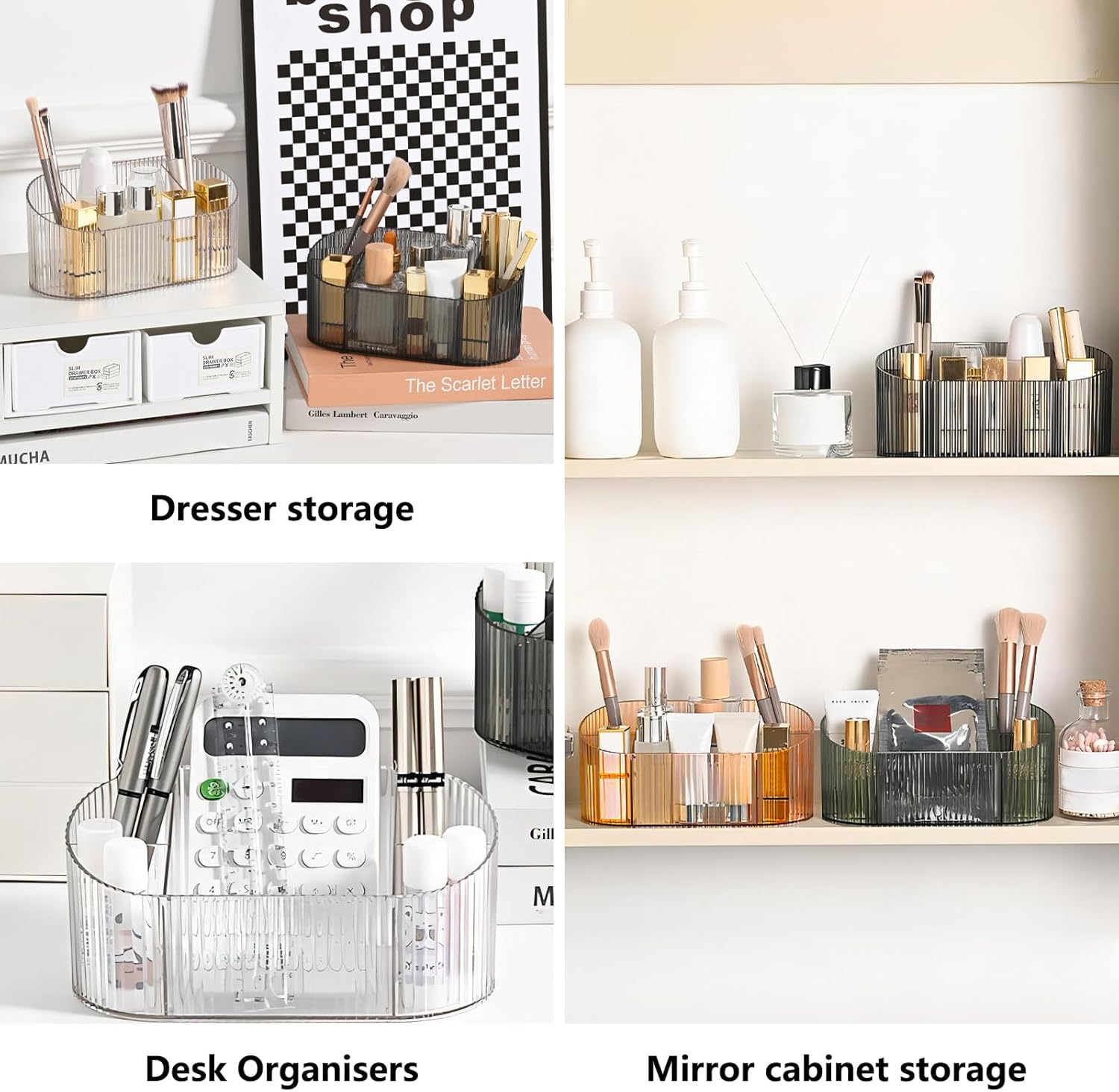 DASITON Capacity Makeup Brush Holder,5 Slot Makeup Brush Holder,Vintage Striped Make up Brush Holder,For Vanity Decor,Bathroom Countertops,Desk Storage Container,Cosmetic Display Cases(Clear) - Grey image number 6