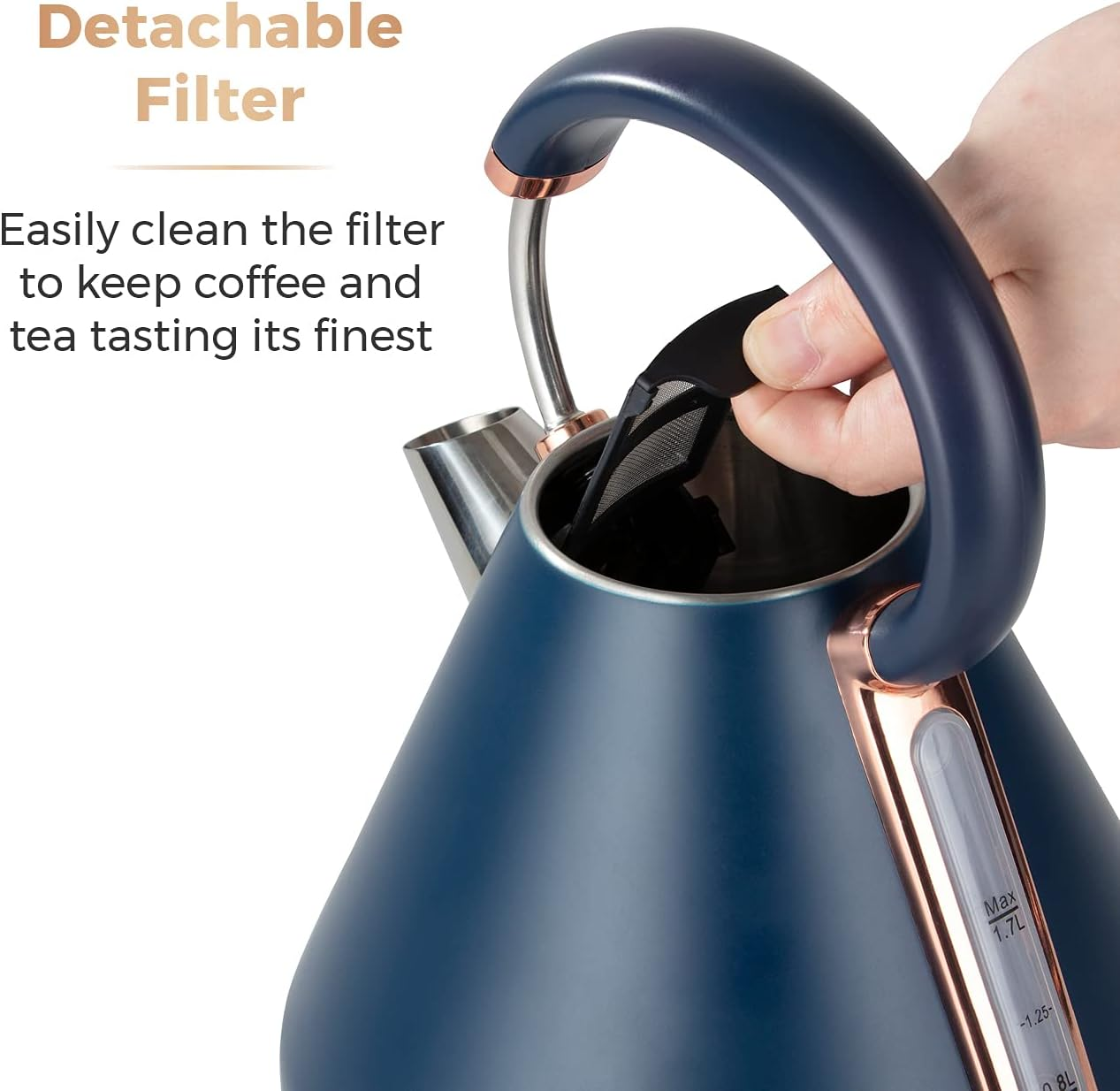 Tower T10044MNB Cavaletto Pyramid Kettle with Fast Boil, Detachable Filter, 1.7 Litre, 3000 W, Midnight Blue and Rose Gold - Marshmallow Pink And Rose Gold image number 6