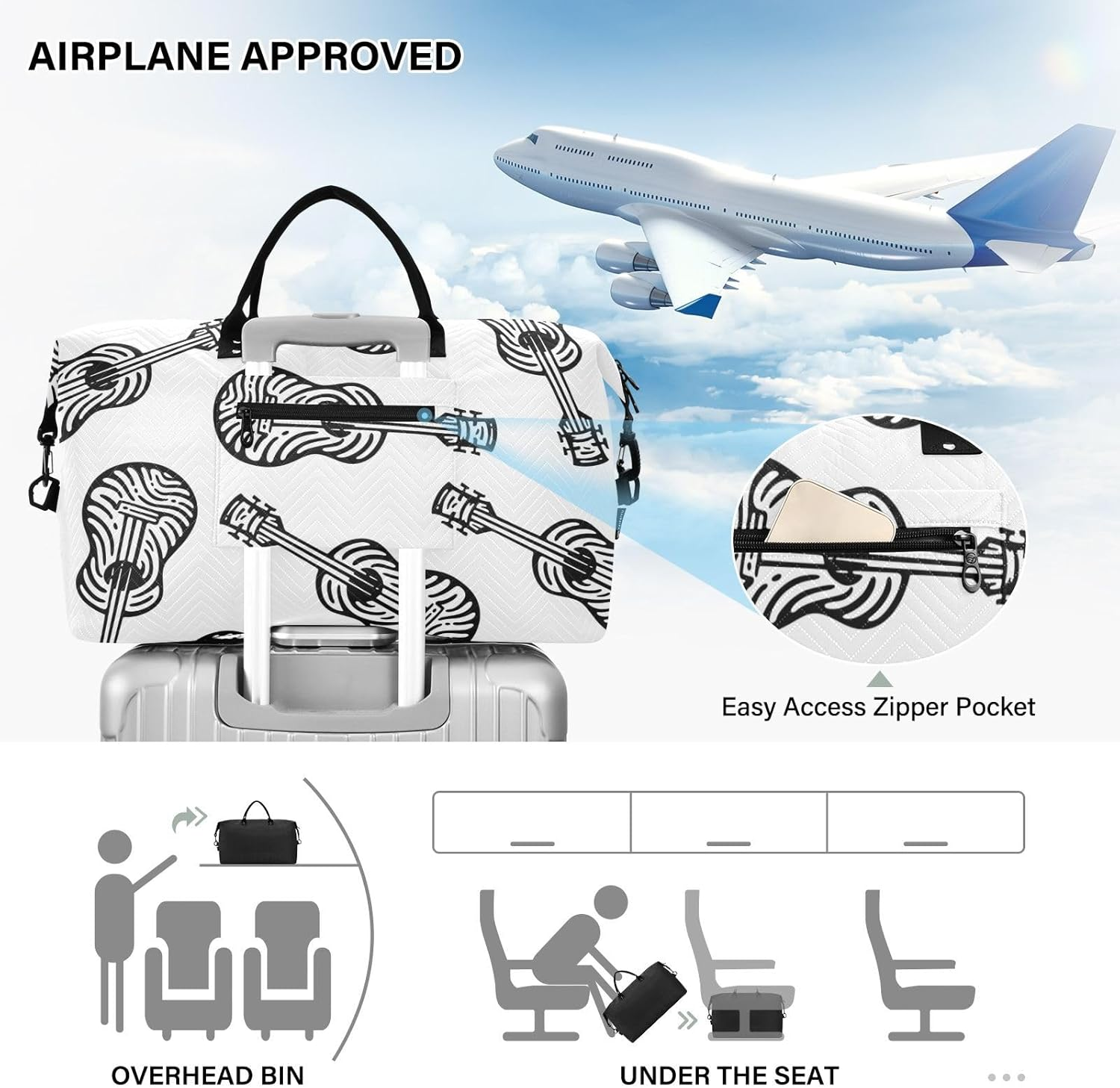 Black and White Guitar Oversized Travel Duffel Bag Travel Weekender Gear Bag Gym Sports Carry with Toiletry Bag for Gym Large Capacity, Black and White Guitar, 1 Size