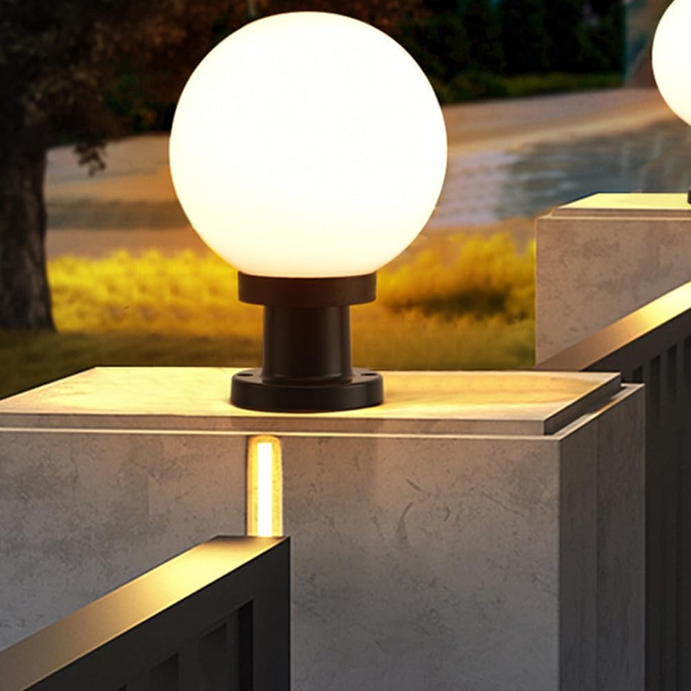 Outdoor Globe Post Light, White Sphere, Waterproof Garden Pillar Lamp, Black Base, E26/E27 (Big)