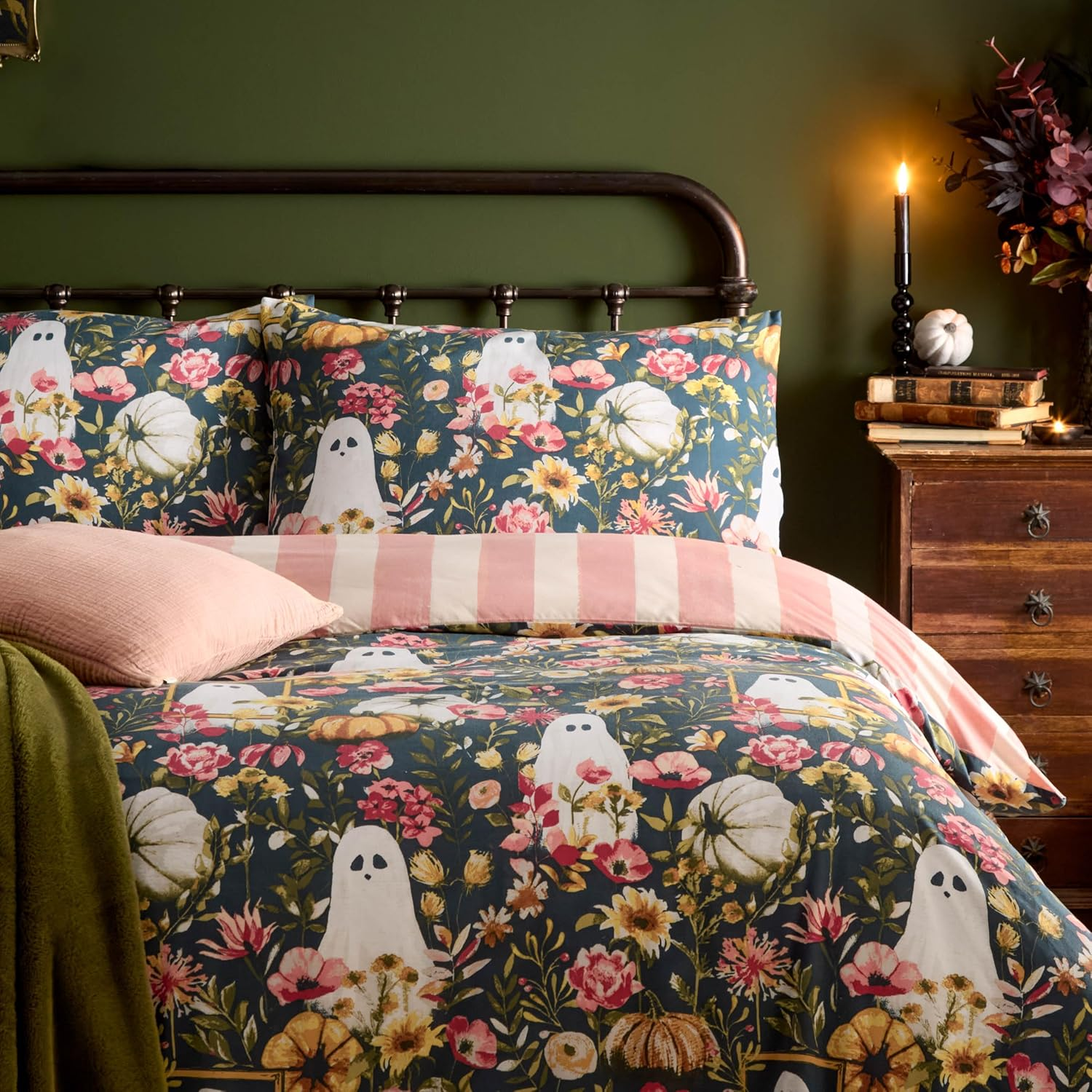 Furn Bootanical Duvet Cover Set - Autumn Floral Halloween Ghost Reversible Bedding (Multi-Colour - Double) image number 1