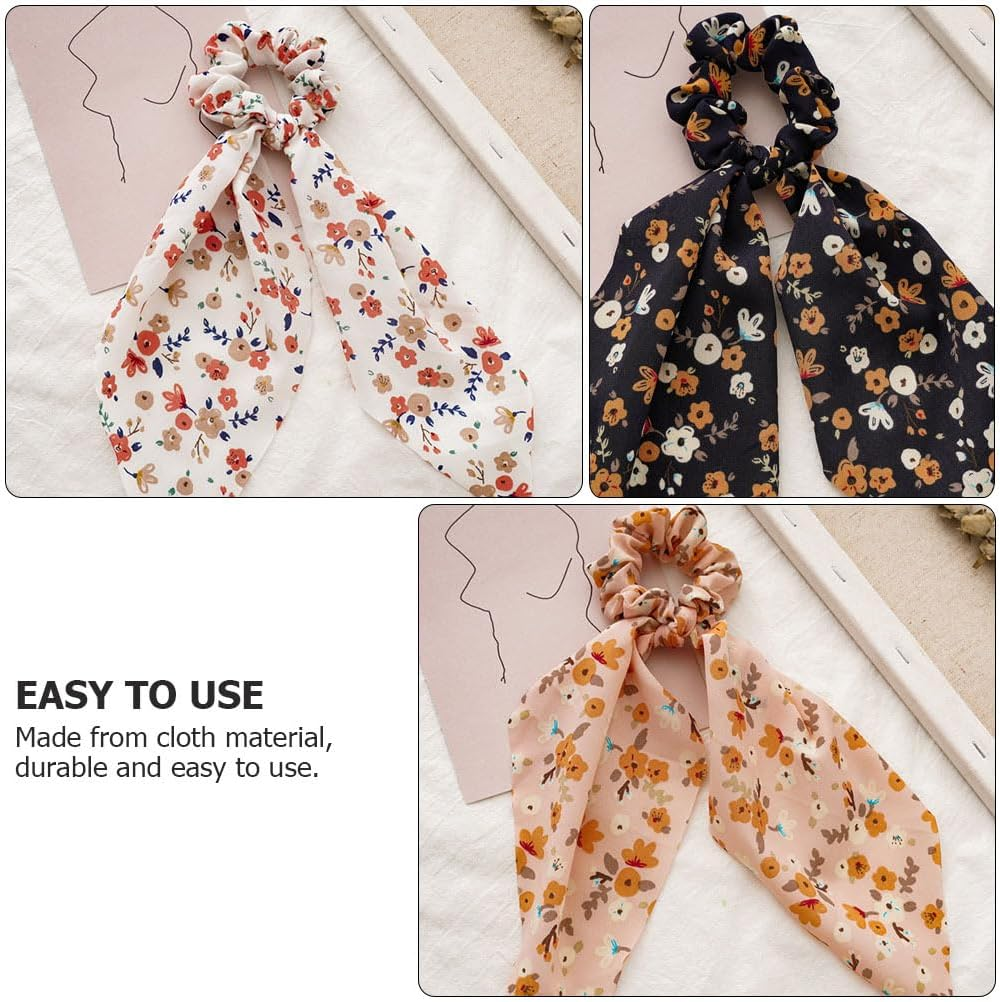 FOMIYES Pack of 5 Floral Satin Ribbon Hair Tie Fashion Scarves Ponytail Hair Band with Tail Flower Printed Hair Pompoms Ties image number 5