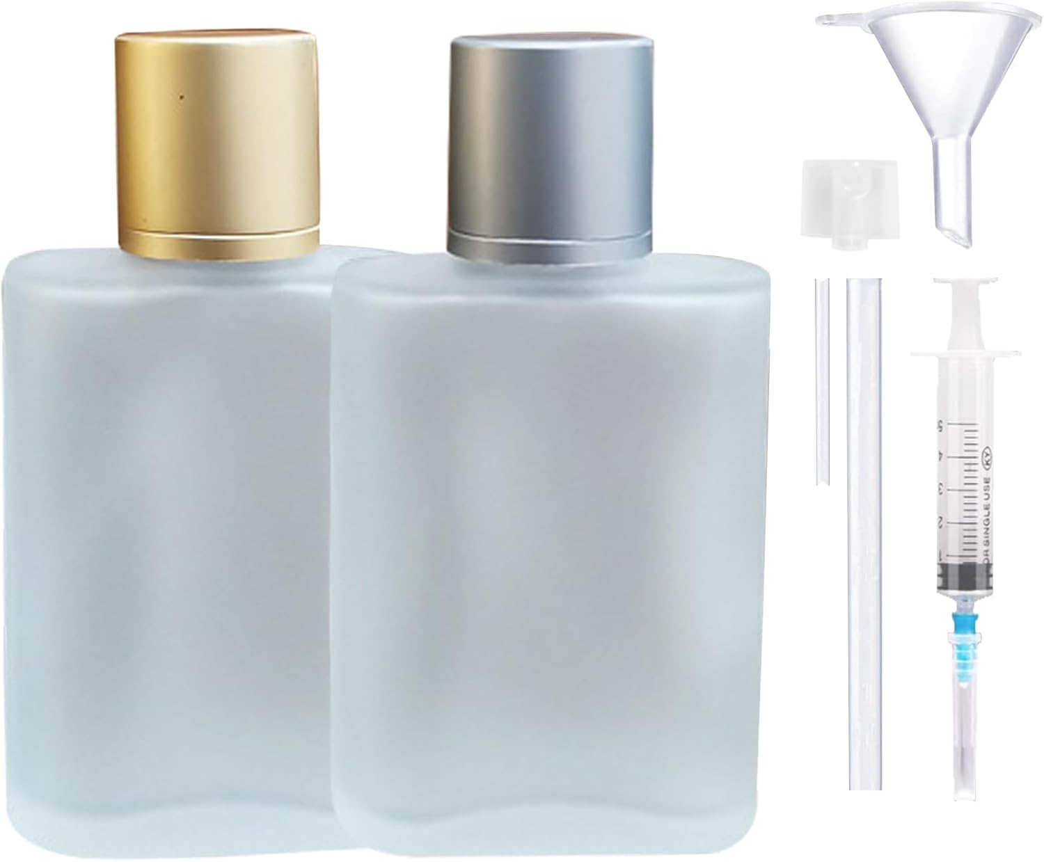 XUSSMM Perfume Atomiser, Empty Perfume Bottle, Matte Atomiser, Perfume Glass with Perfume Atomiser, Funnels and Gold and Silver Caps for Date, Party, Work (30 Ml, Gold + Grey) image number 2