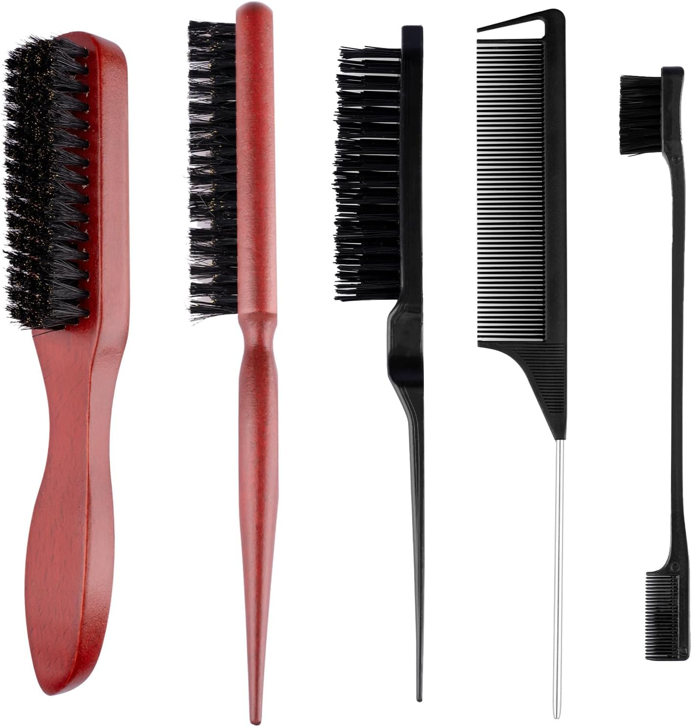 5 Pcs Boar Bristle Brush Set,Pulled Tail Brush,Natural Boar Bristles with Wooden Handle,Sleek Styling Hair Brush,Reduce Breaking,Anti-Static Brush for Men and Women image number 1