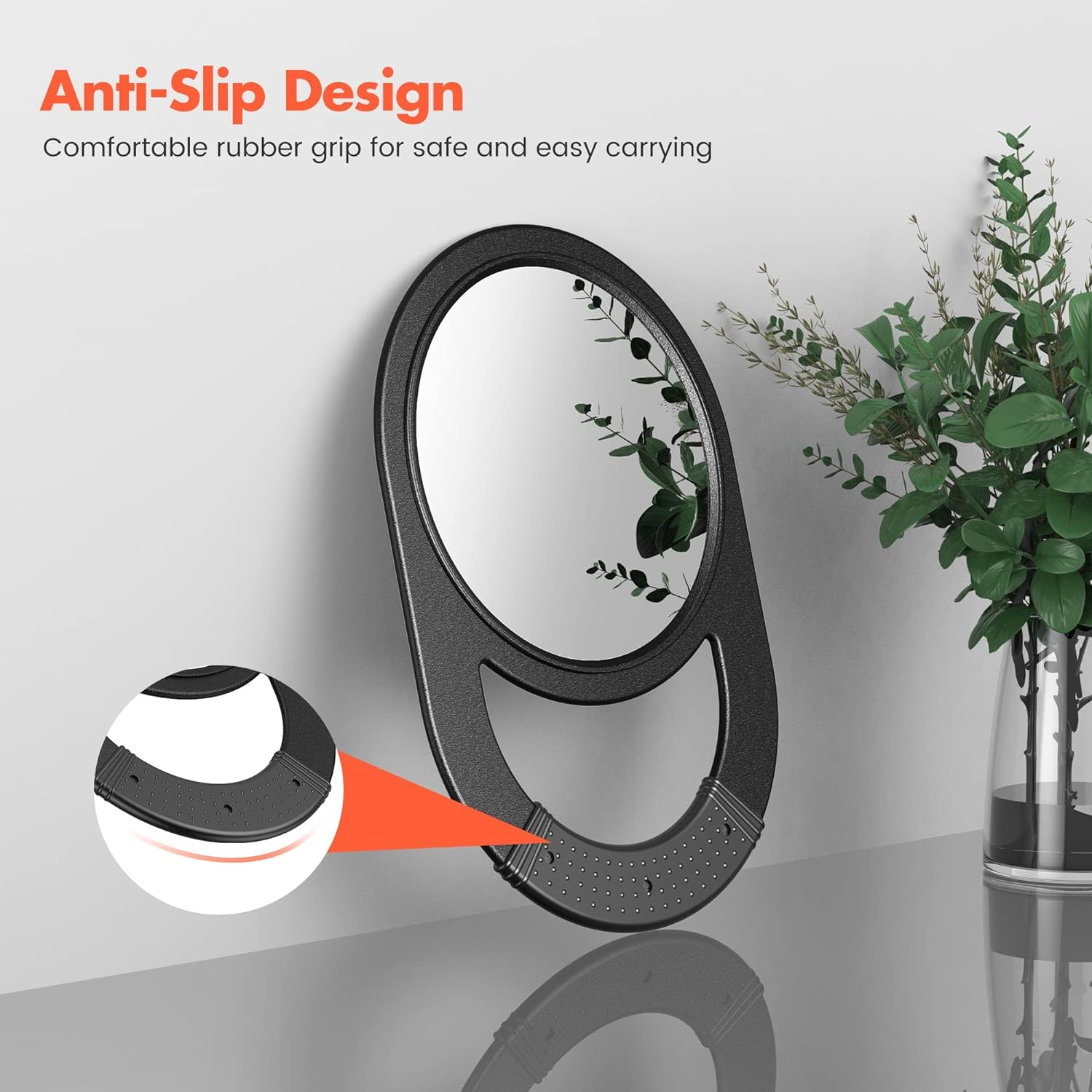 TASALON Unbreakable Hand Mirror, Hand Mirrors with Handle, Salon, Barber Mirror for Hair, Anti-Slip Hand Held with Rubber Grip for Travel, Makeup, Shaving, Shower, Camping - Black image number 2