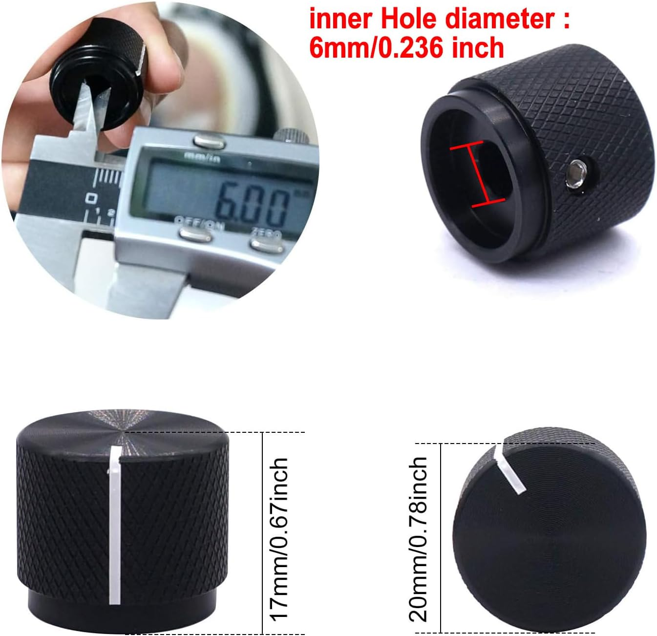 Taiss / 2Pcs Black Aluminum Rotary Electronic Control Potentiometer Knob for 6 Mm Diameter Shaft, Volume Control Knob, Audio Knob, Guitar Knob，Switch Knob, 20Mm Dia. X 17Mm Height image number 4