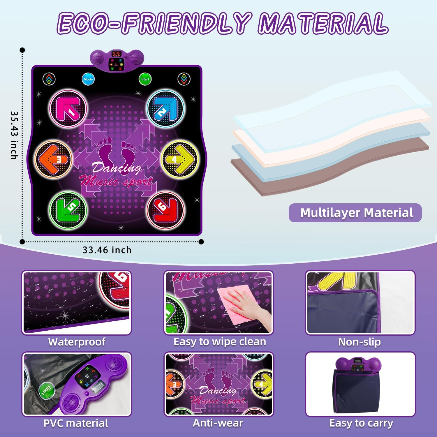 Kids Dance Mat Toy- Wireless Bluetooth Light-Up 6-Key Electronic Dance Pad, 6 Games & Music Modes, Birthday Girls image number 2