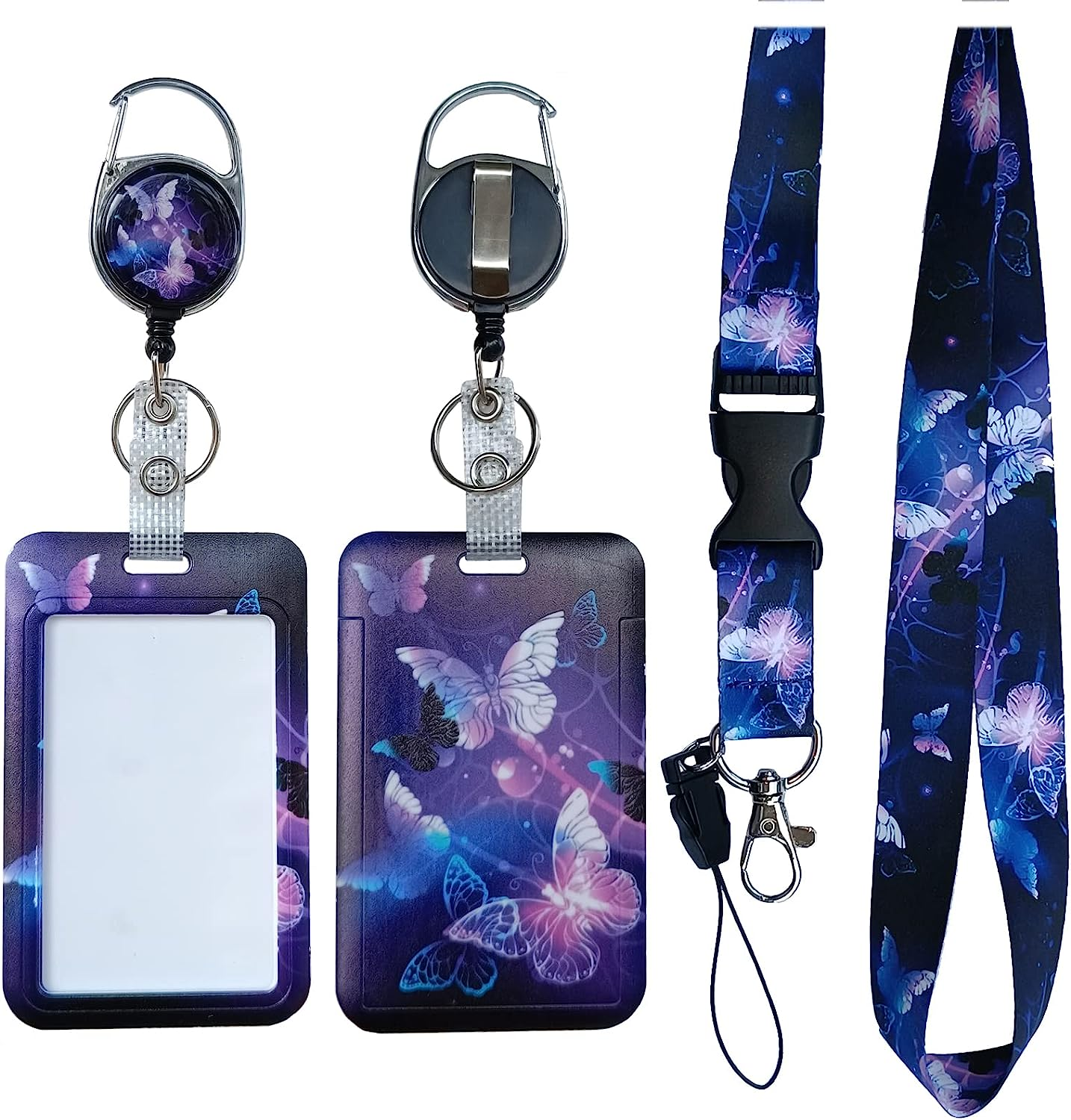 Purple Butterfly Retractable ID Badge Holder with Detachable Lanyard, Fashionable Badge Reel Heavy Duty with Carabiner Clip Lanyards for Keys USB Nurse Medical Student Teacher Office Women Men Gifts - 2 Set Moon image number 6