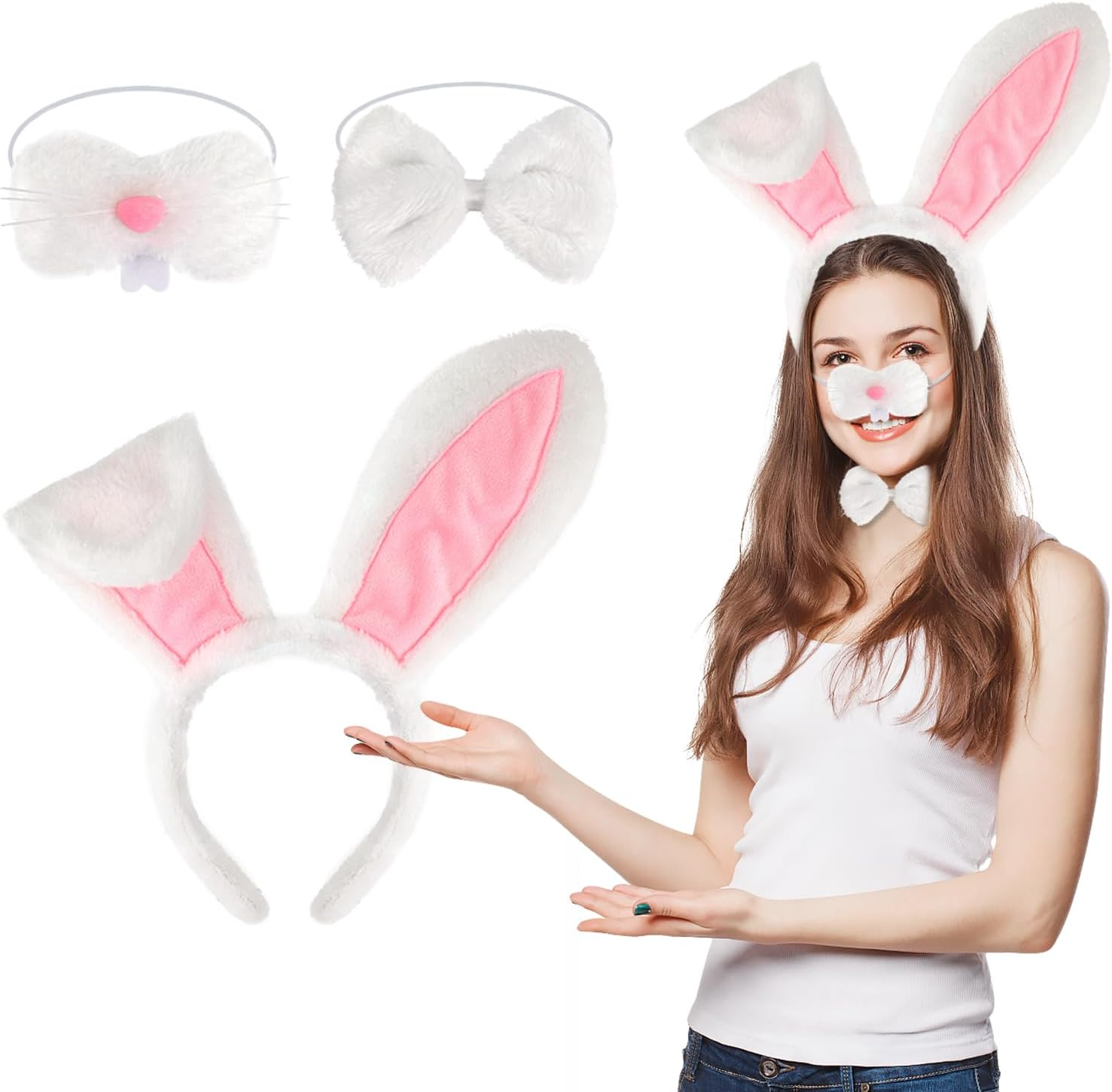 3 Pcs Easter Bunny Ears Kit, Plush Easter Headband with Bowtie and Nose, Cute Gifts for Kids Women Party Cosplay Easter Bunny Costume image number 5