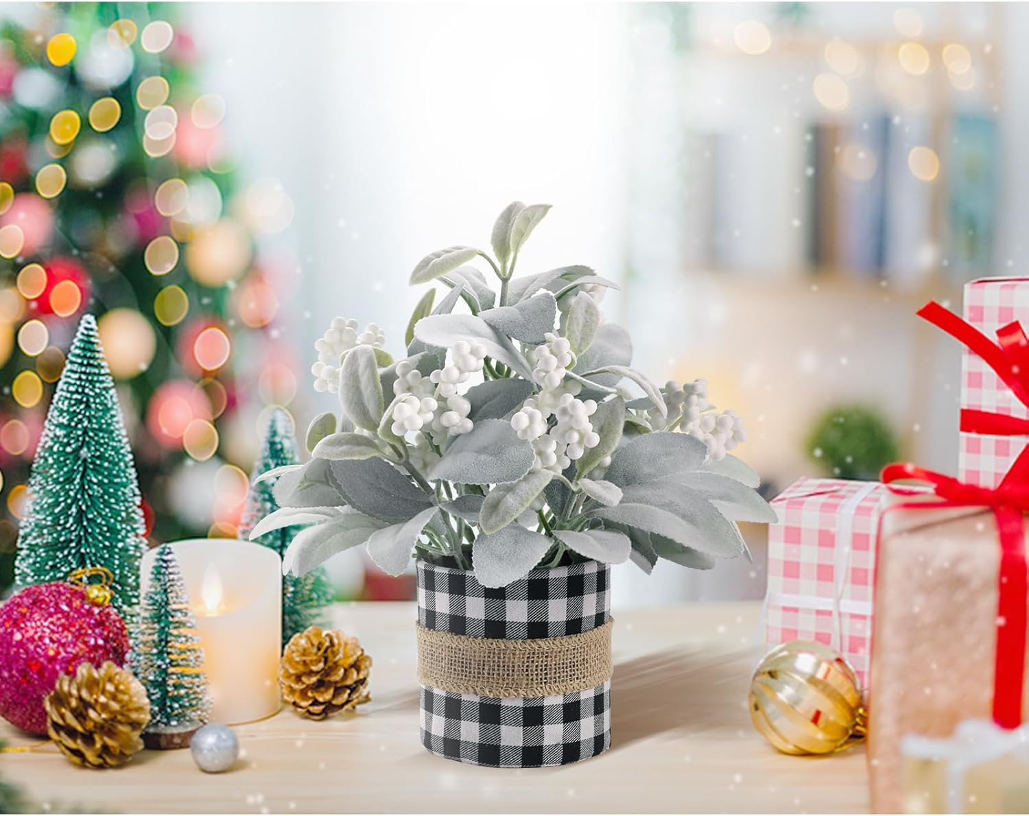 Flocked Lambs Ear Tabletop Mini Small Table Top Winter Christmas Tree,10" Artificial Little Potted for Christmas Decor, for Home Indoor Holiday. image number 5