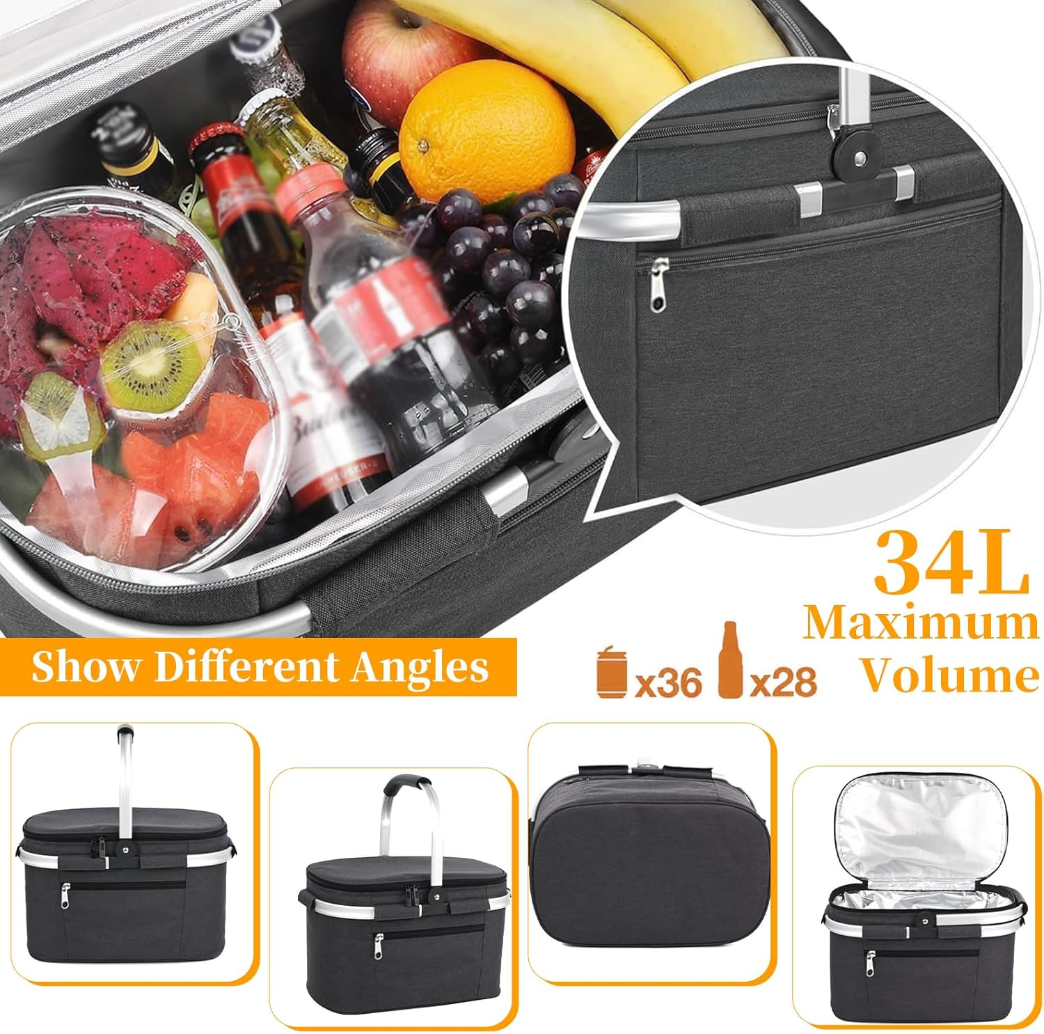 Insulated Picnic Basket with Handles, Portable Foldable Picnic Hamper, Collapsible Cooler Lunch Bag, Market Tote Bag, Food Storage Basket for Picnic Food Delivery Take Out Market Shopping Travel (BK) image number 1