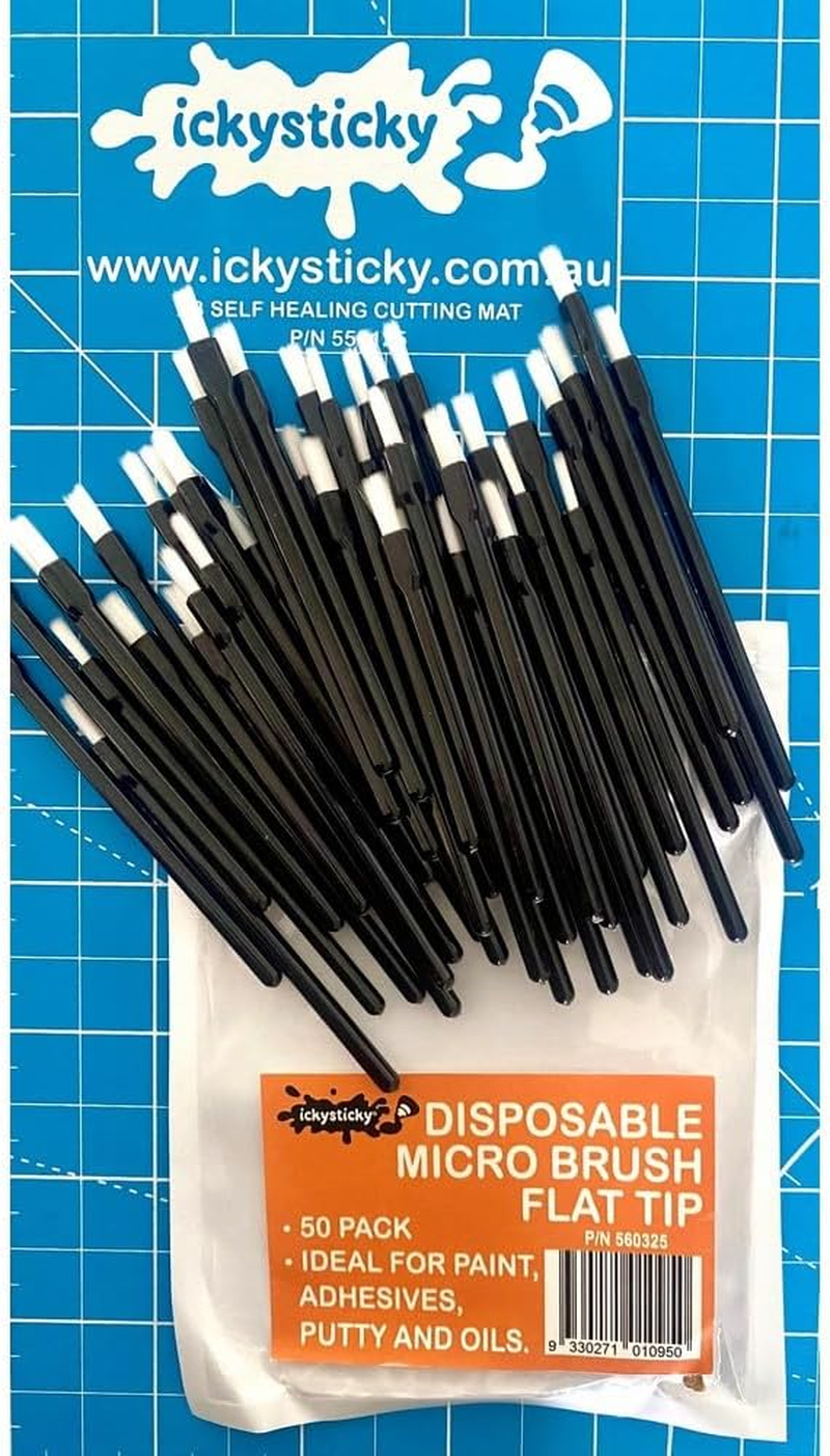 ICKYSTICKY Disposable Micro Brushes Flat TIP 50PK Craft, Touch Up, Paint, Adhesive, Glue, Oil, Hobby, DIY, Dispossable, Model Making, Decals, Airbrush, Cleaning. image number 2