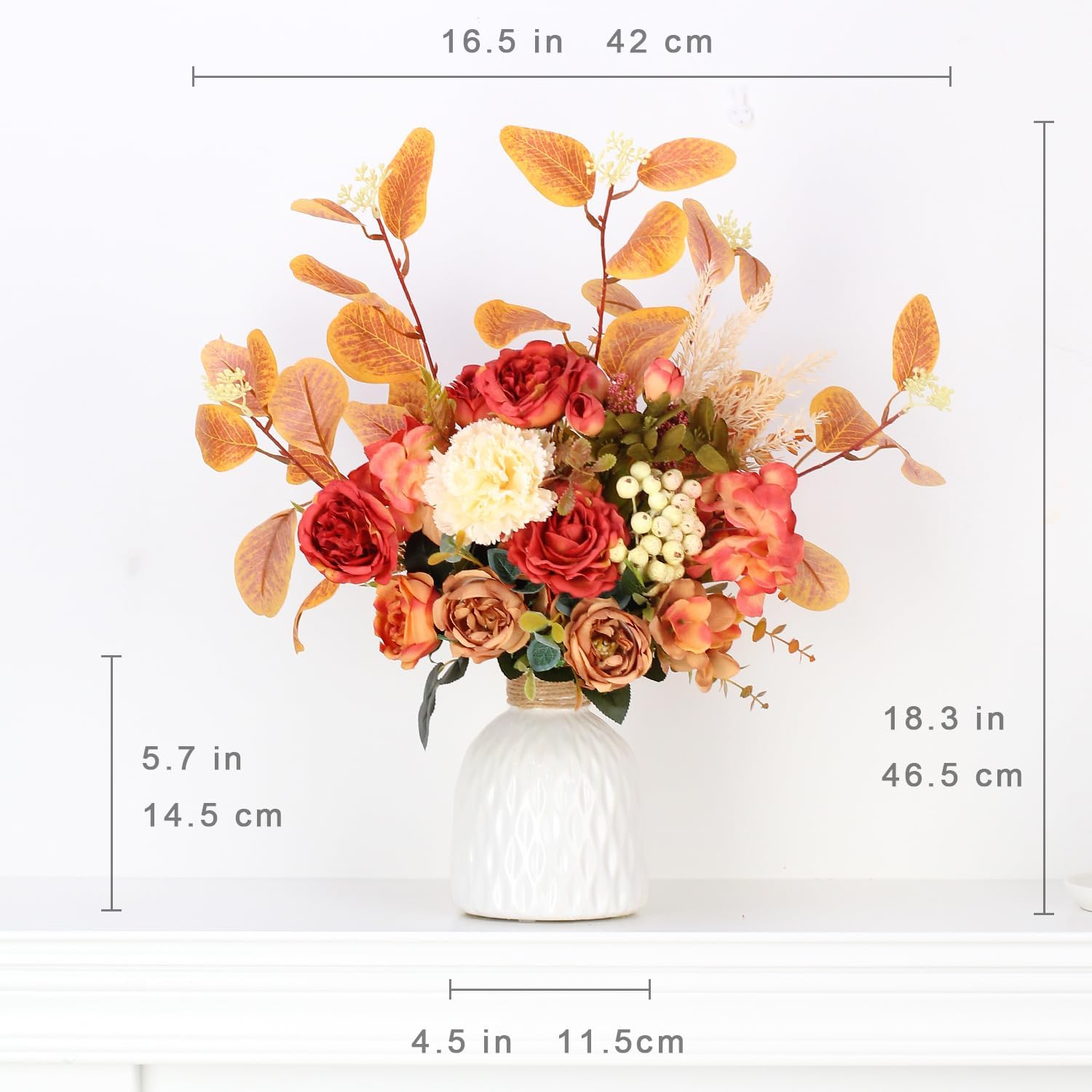 Artificial Fall Floral Arrangement with Orange Leaves and Red Roses in White Ceramic Vase, Autumn Home Decor (Orange Leaves + Ceramic Vase) - Orange Leaves + Ceramic Vase image number 2