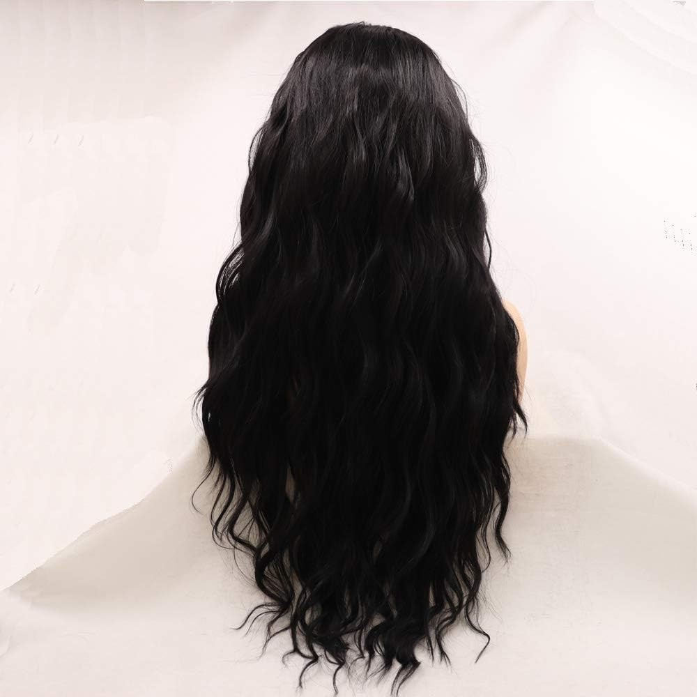 Xiweiya Long Black Wavy Wig Curly Synthetic Lace Front Wigs Middle Part Wig Long Soft Wavy Wig Hair Replacement Wig for Women, Drag Queen Makeup 24 Inch image number 4