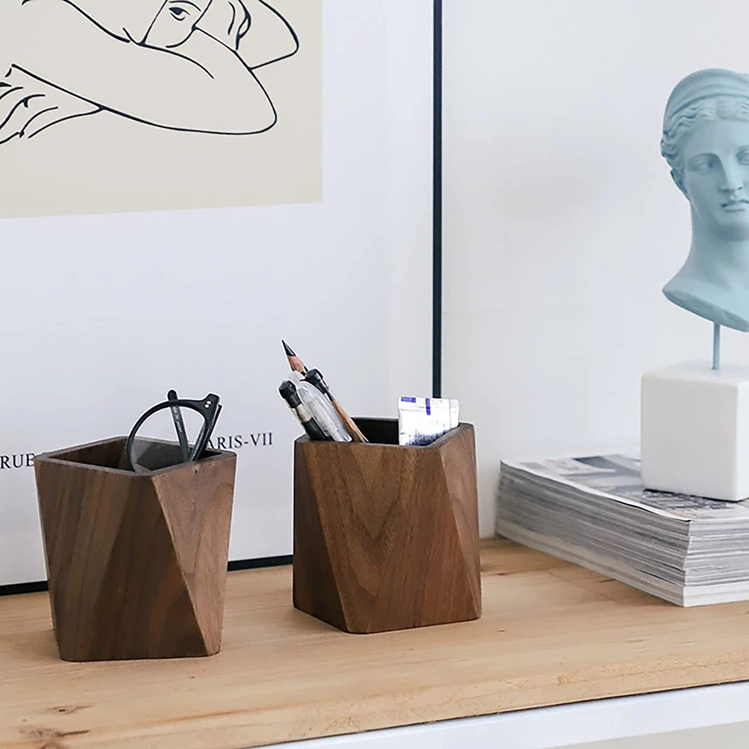 Black Walnut Wooden Pencil Box, Multiple-Use Desk Writing Stationary Organizer Wood Pen Holder Cups Office School Supplies Storage (Prismatic Shape) image number 5