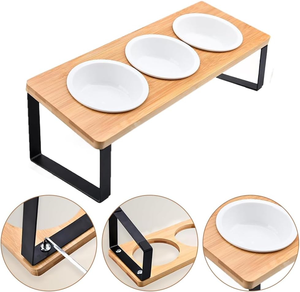 Wooden Raised Pet Feeder, Elevated Cat Bowl Stand, Angled Design Reduces Neck Strain during Meals, for Cats & Small Dogs image number 1