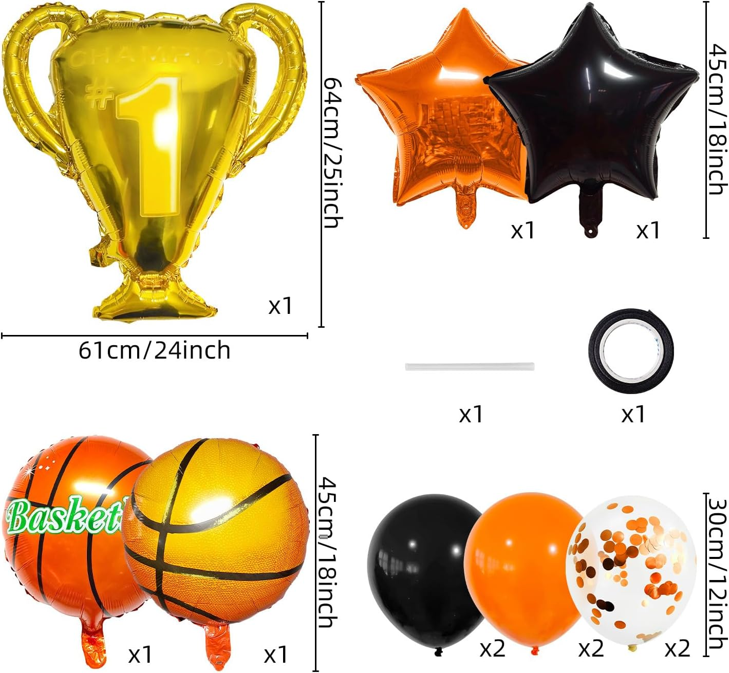 Basketball Trophy Balloon Set, 13 Pieces, Orange, Yellow, Black