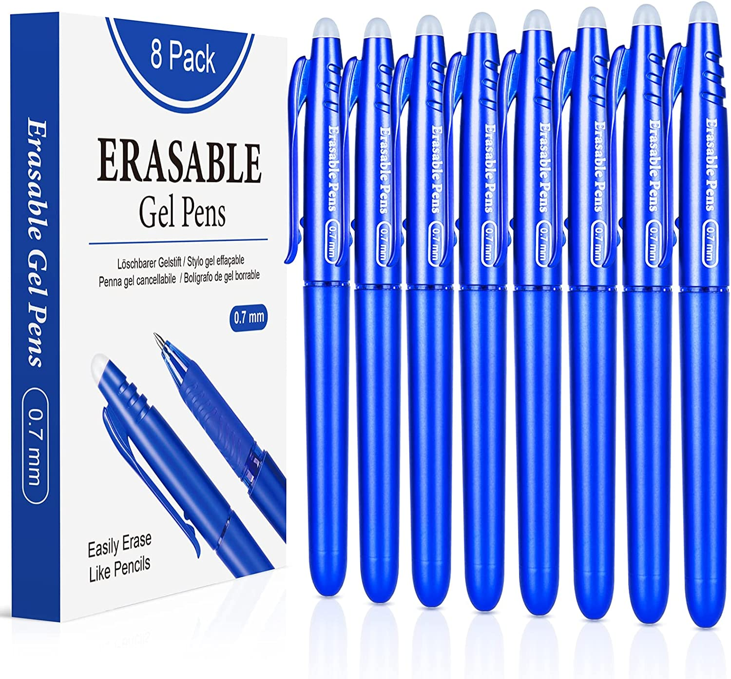 JR.WHITE Erasable Gel Pens - 8 Rubber Tip Pens, Fine 0.5Mm Erasable Pen for School, Office & Stationery Supplies (8 Blue) image number 6