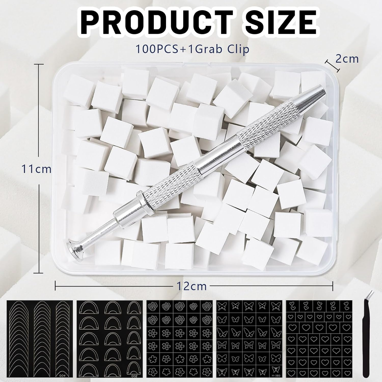 Wishesmar Pack of 100 White Nail Art Sponge for Gradient Nail Design to Create with Metal Gripper, 5 Sheets Nail Stencils Sticker Tweezers, Nail Brush Sponge Brush Applicator Accessories