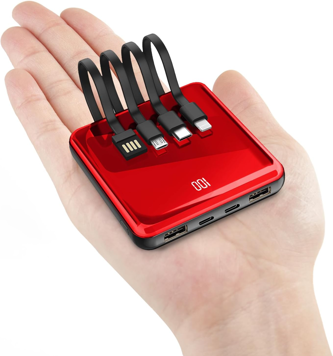 Power Bank with Built in Cables, 10000Mah Slim Portable Charger LED Display, Small External Battery Pack with 4 Inputs and 5 Outputs Phone Charger for Iphone Samsung Huawei Ipad Etc (Red) image number 1