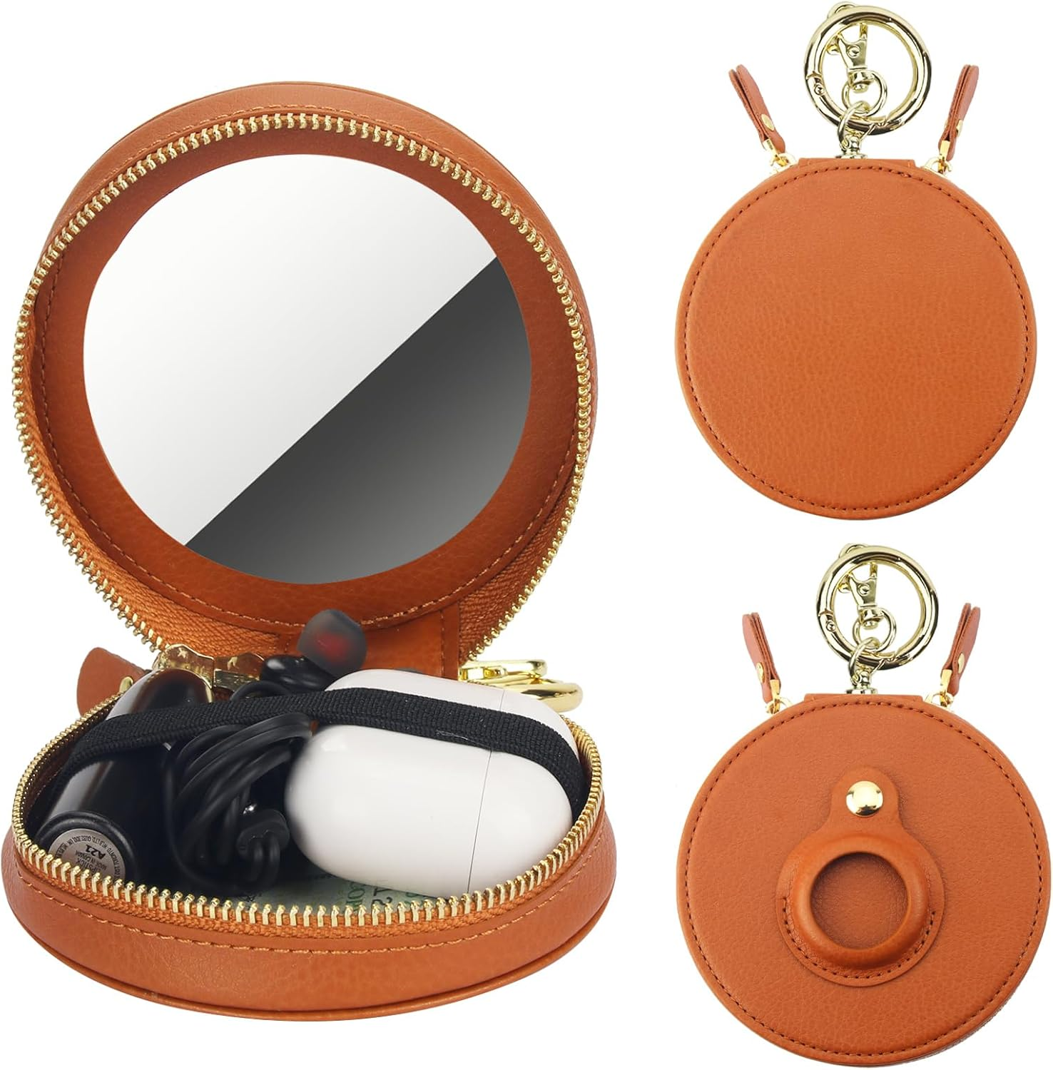 Bocasal Coin Pouch Mini Lipstick Cosmetic Bag with Airtag Holder Mirror, Leather Zipper Travel Makeup Bag Organizer Keychain Ring Clasp for Keys Earbuds Earphone Lip Gloss Chapstick Women Girls, Black