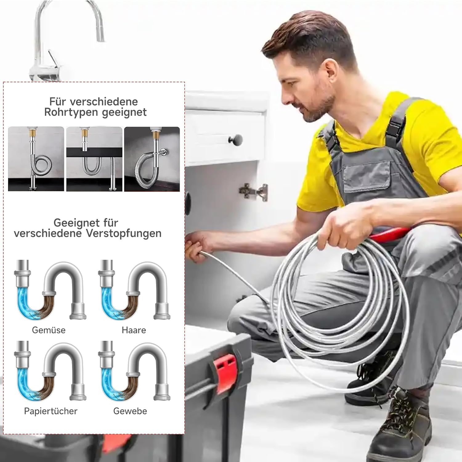 Hautllaif Pipe Cleaning Spiral 5 M Hand Crank Spiral - Flexible Drain Spiral Made of PE and 72A Carbon Steel for Effective Pipe Clogging Cleaning - Ideal for Toilet Kitchen Bathroom Sink Drain image number 6