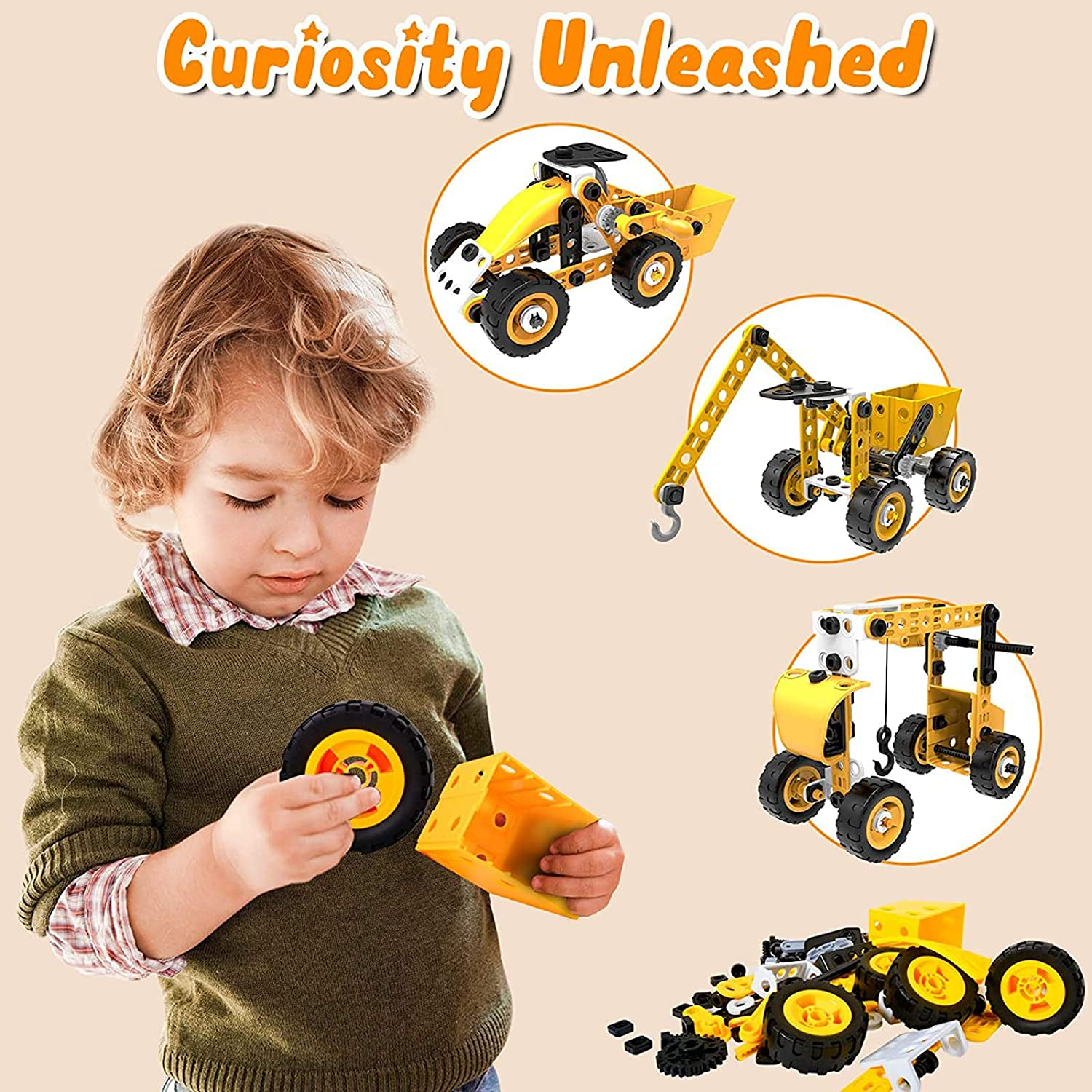 Techshining 8 in 1 Toy Trucks for Kids Take Apart Toys Construction Vehicles STEM Educational Toys Building Blocks for Boys and Girls Christmas Birthday Gift image number 1