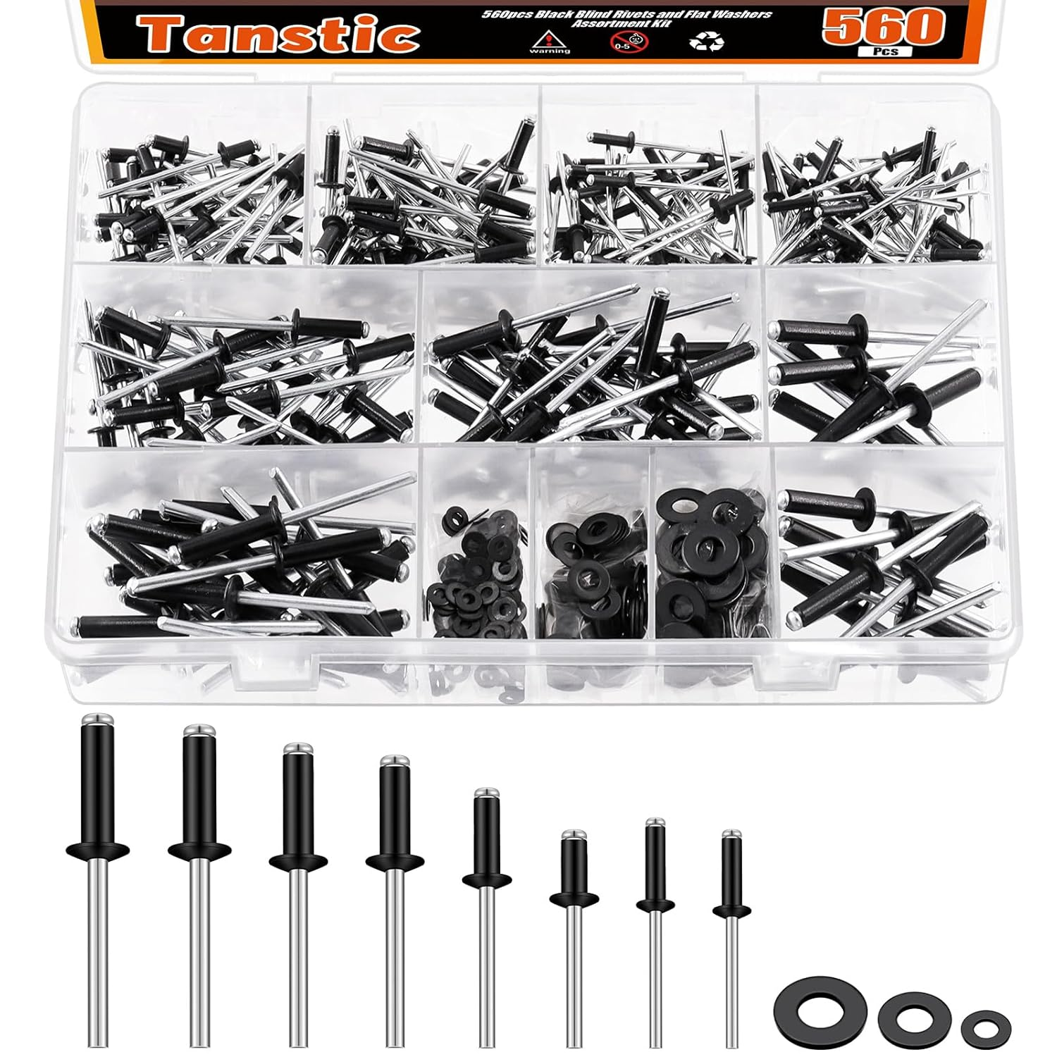 Fanstic 560Pcs Black Aluminum Pop Rivets Kit, 8 Size Blind Rivet Fasteners with 3 Size Backup Washers Assortment Kit for Aviation Automobile Furniture Use image number 2